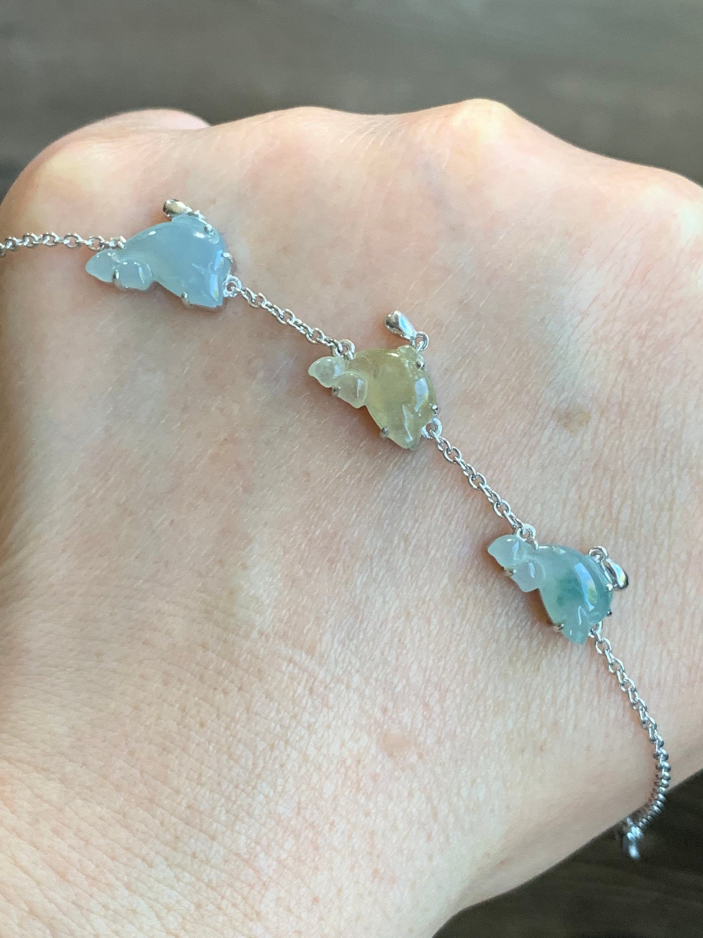 Certified Natural Burmese Icy Translucent Multicolored Jadeite Carved Dolphins Bracelet S925 Sterling Silver adjustable 天然缅甸冰多宝翡翠海豚银镶手链