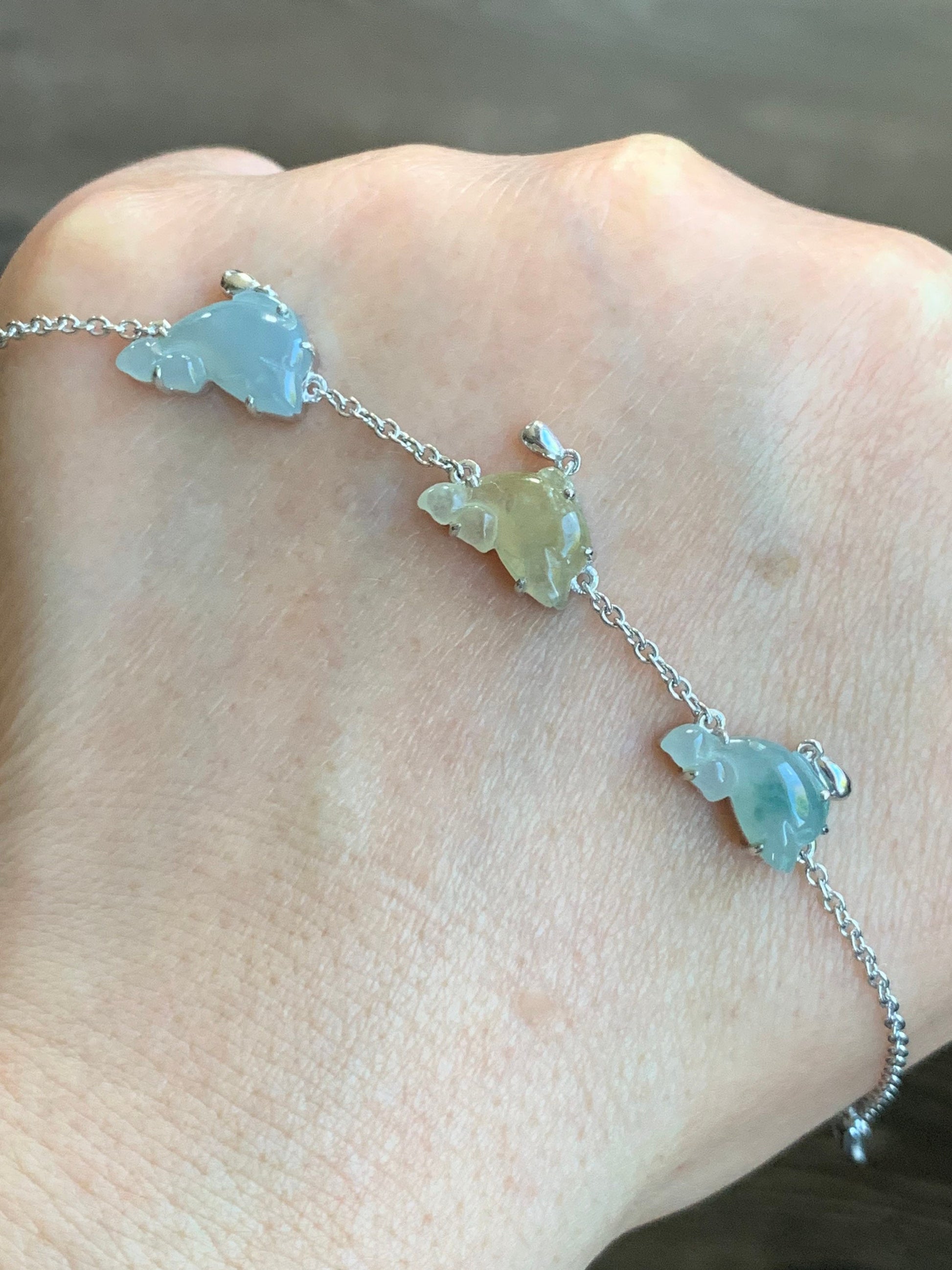 Certified Natural Burmese Icy Translucent Multicolored Jadeite Carved Dolphins Bracelet S925 Sterling Silver adjustable 天然缅甸冰多宝翡翠海豚银镶手链