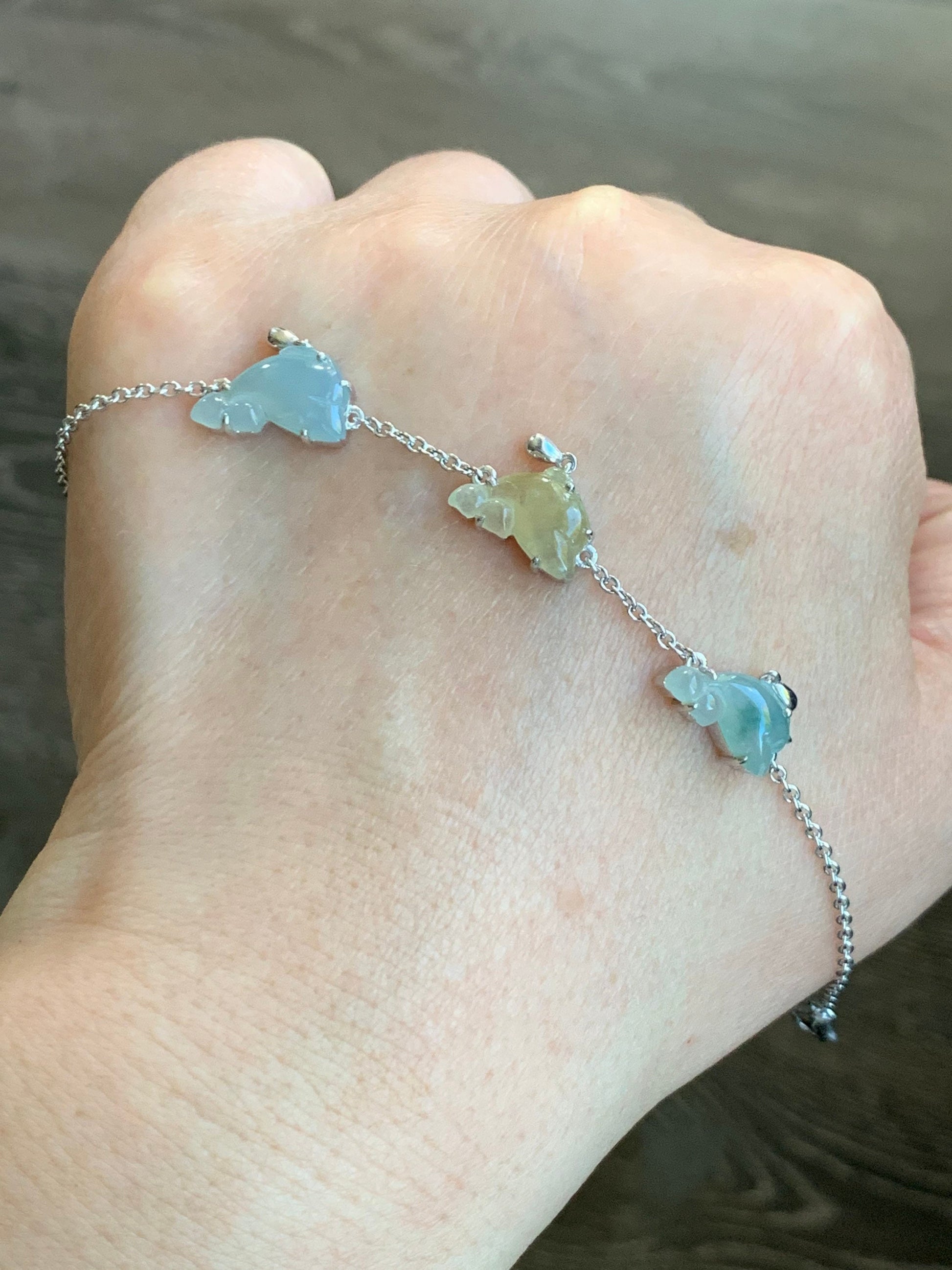 Certified Natural Burmese Icy Translucent Multicolored Jadeite Carved Dolphins Bracelet S925 Sterling Silver adjustable 天然缅甸冰多宝翡翠海豚银镶手链