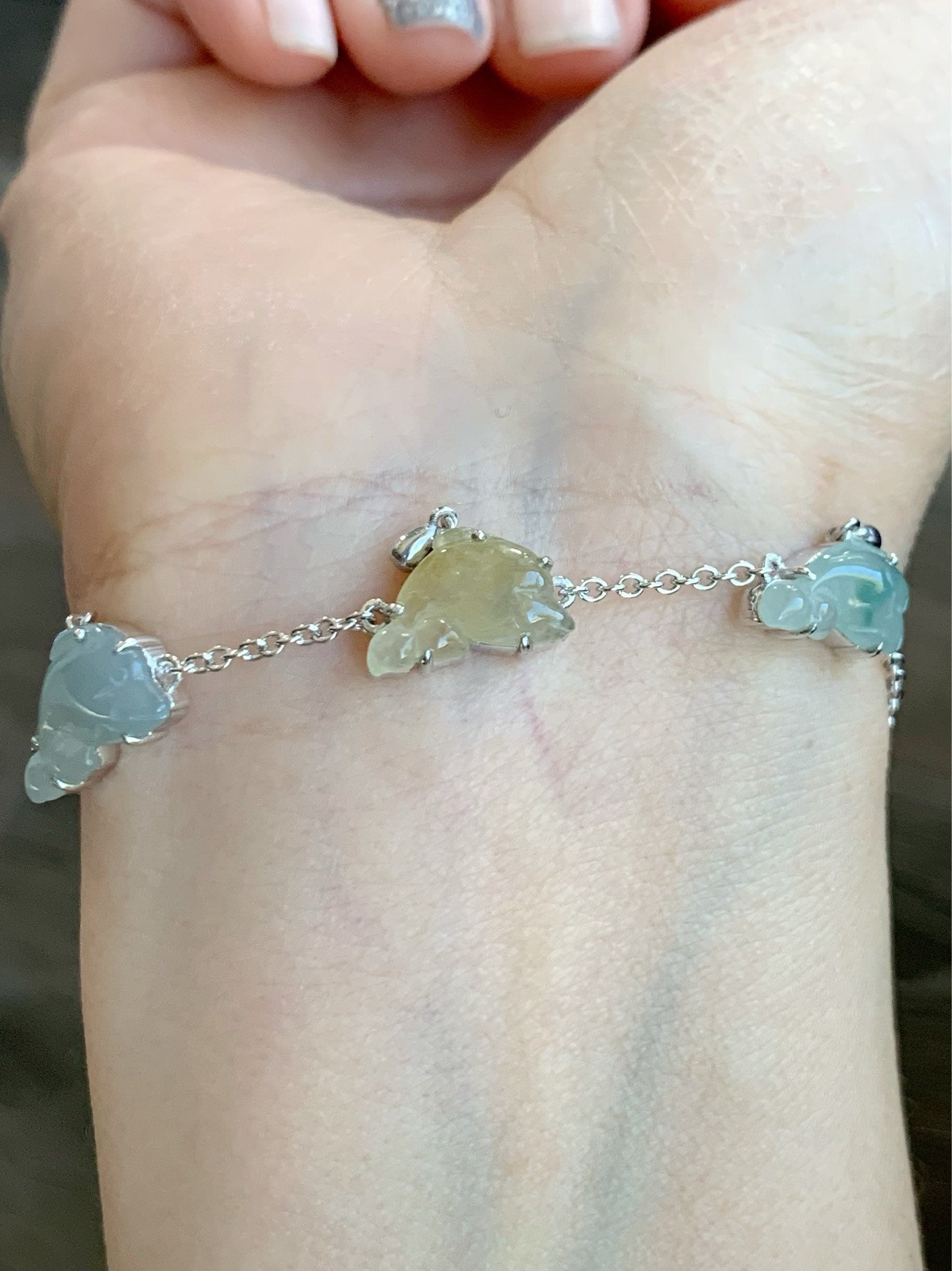 Certified Natural Burmese Icy Translucent Multicolored Jadeite Carved Dolphins Bracelet S925 Sterling Silver adjustable 天然缅甸冰多宝翡翠海豚银镶手链