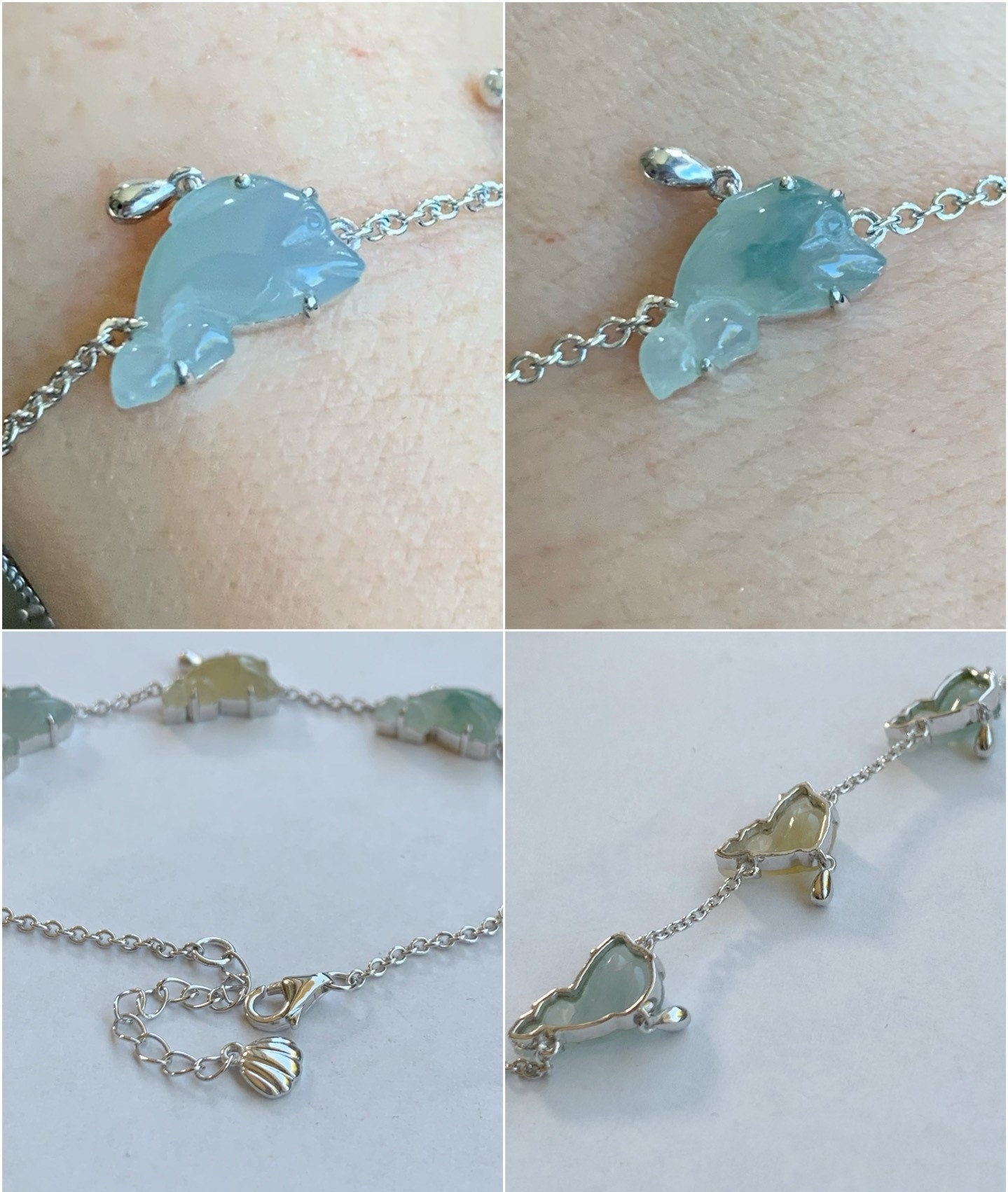 Certified Natural Burmese Icy Translucent Multicolored Jadeite Carved Dolphins Bracelet S925 Sterling Silver adjustable 天然缅甸冰多宝翡翠海豚银镶手链