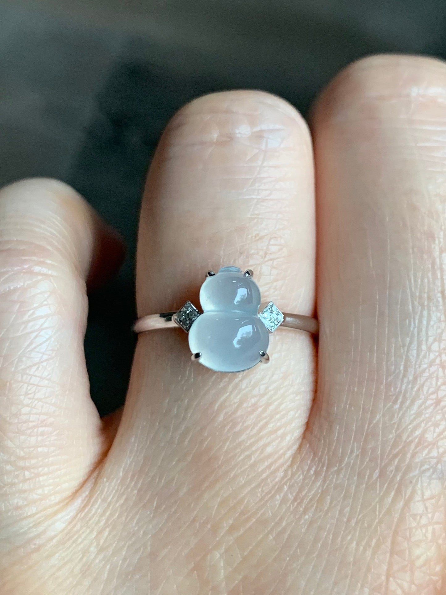 Certified Natural Burmese Premium Highly Translucent Jadeite Hulu Gourd Ring 18K White Gold & Diamonds Sz 7 天然缅甸正冰起光起钢白冰葫芦钻石镶嵌戒指