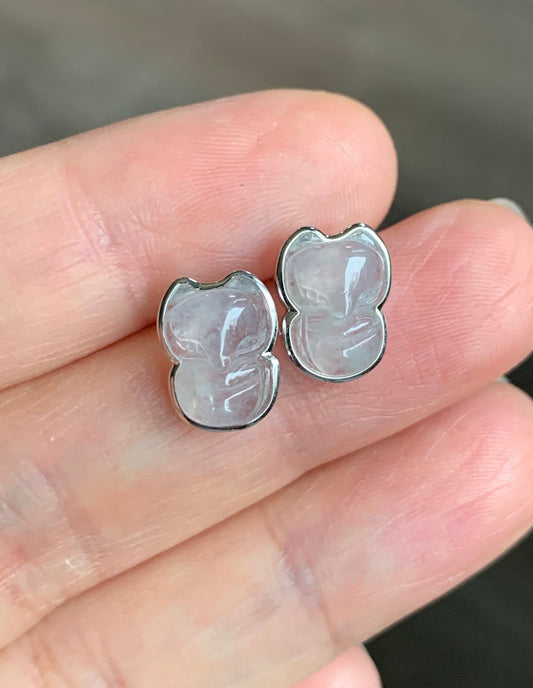 Certified Burmese Natural Premium Icy Highly Translucent Jadeite Carved Fox Stud Earrings 18K White Gold 天然缅甸白冰起光翡翠狐狸镶嵌耳钉