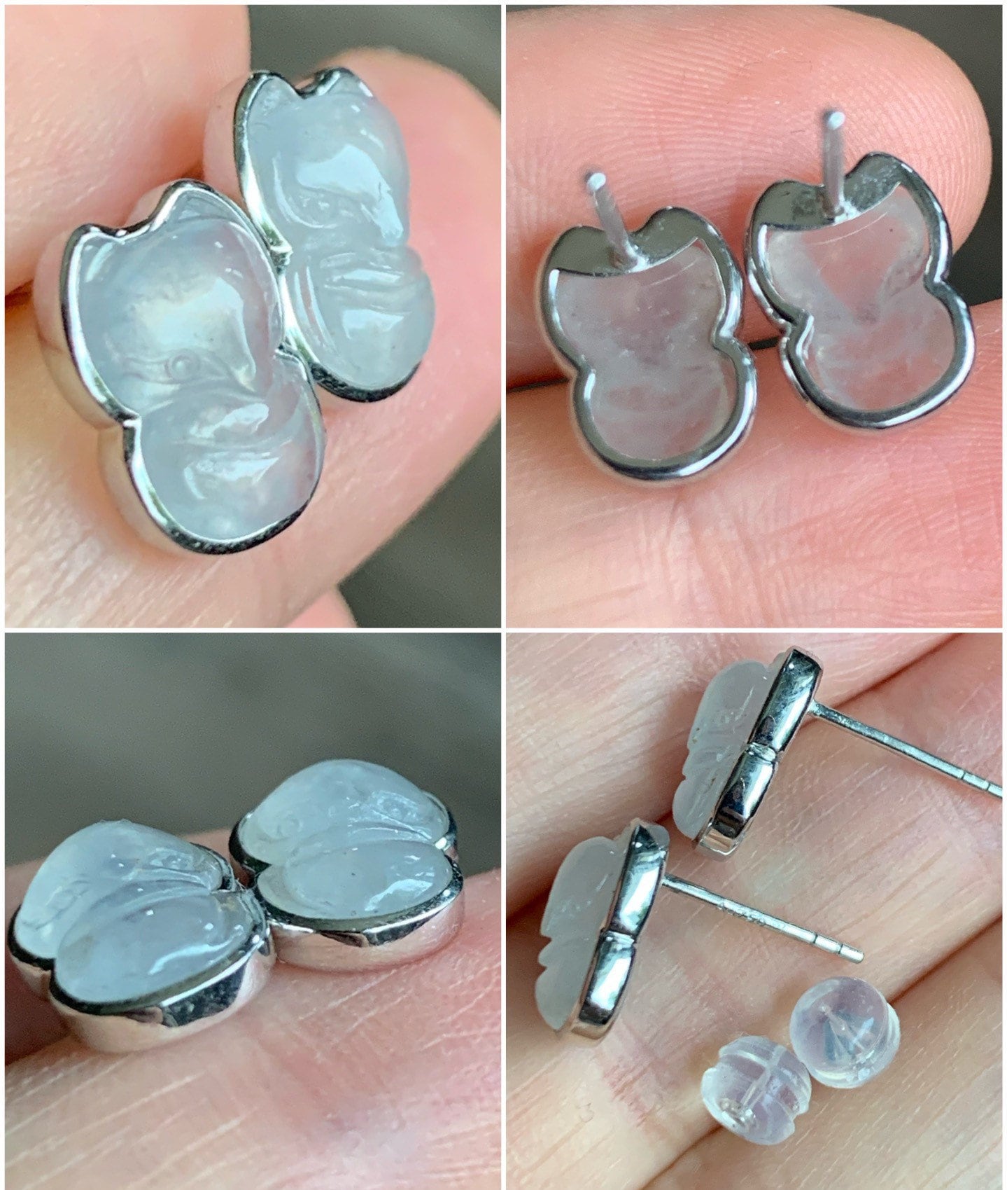 Certified Burmese Natural Premium Icy Highly Translucent Jadeite Carved Fox Stud Earrings 18K White Gold 天然缅甸白冰起光翡翠狐狸镶嵌耳钉