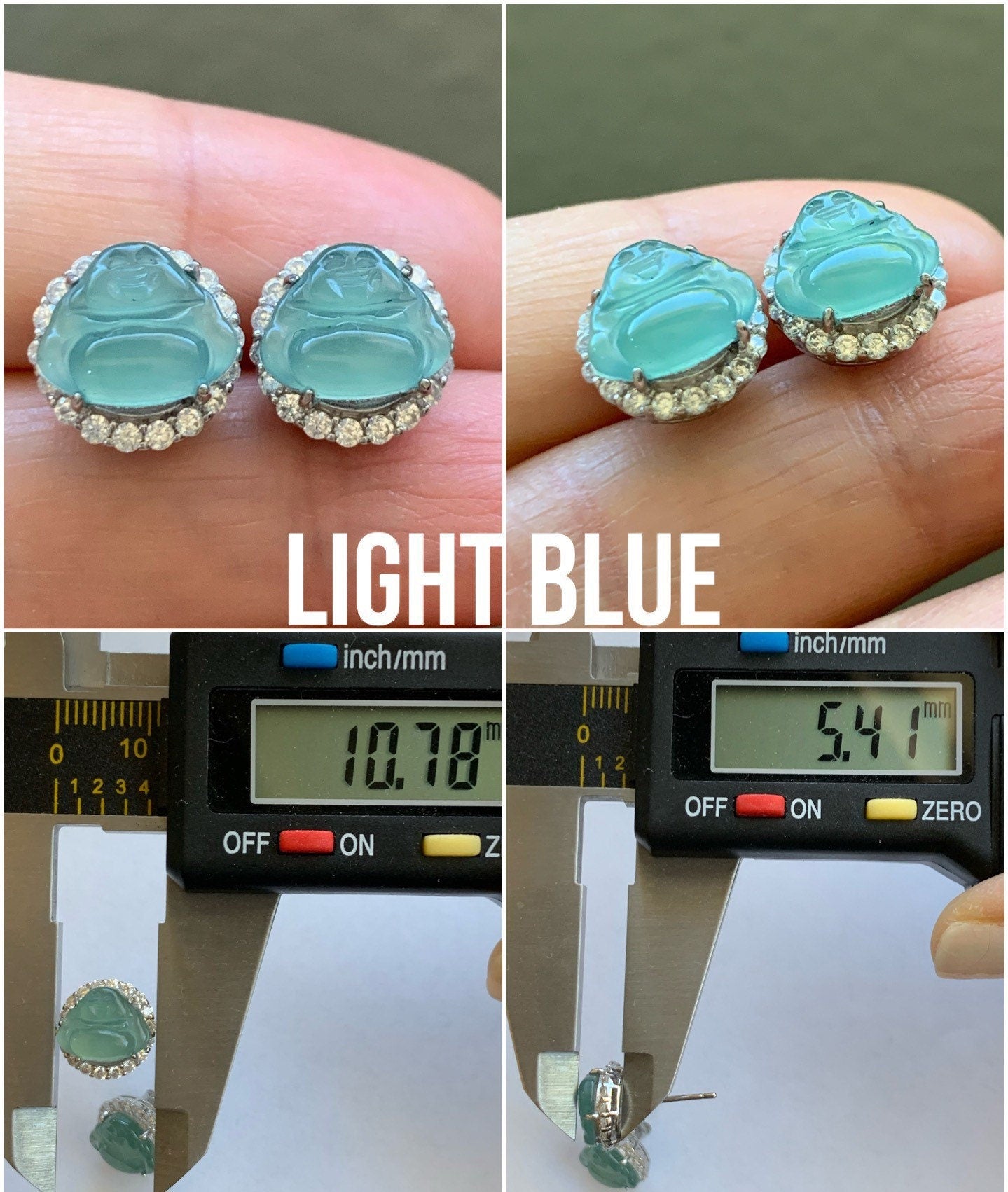 Natural Guatemalan Grade A Icy Translucent Jadeite Carved Buddha Stud Earrings S925 Silver 天然冰危翡翠佛公银耳钉