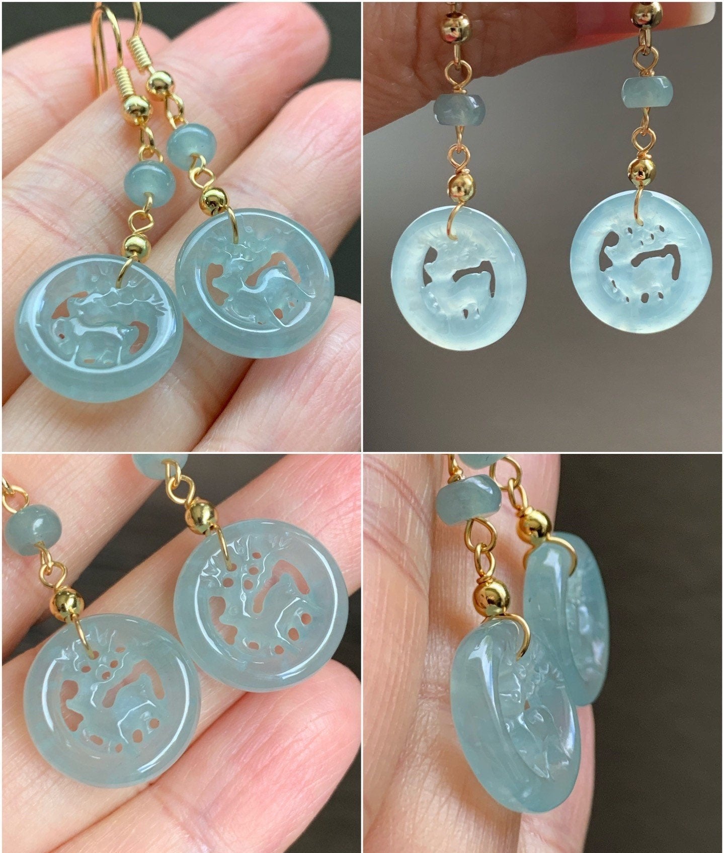 Natural Guatemalan Icy Highly Translucent Blue Jadeite Carved Deer Dangle Earrings / Pendant / Bracelet 14K Gold Plated 天然冰危A货蓝水翡翠双面雕鹿牌