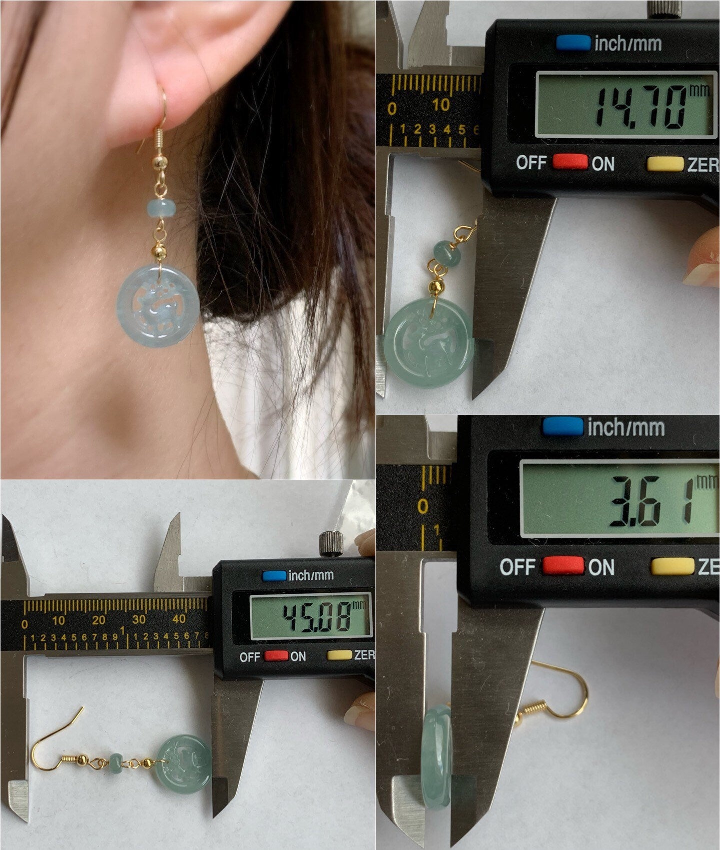 Natural Guatemalan Icy Highly Translucent Blue Jadeite Carved Deer Dangle Earrings / Pendant / Bracelet 14K Gold Plated 天然冰危A货蓝水翡翠双面雕鹿牌