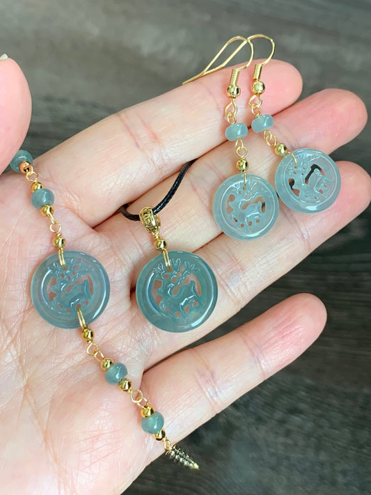 Natural Guatemalan Icy Highly Translucent Blue Jadeite Carved Deer Dangle Earrings / Pendant / Bracelet 14K Gold Plated 天然冰危A货蓝水翡翠双面雕鹿牌