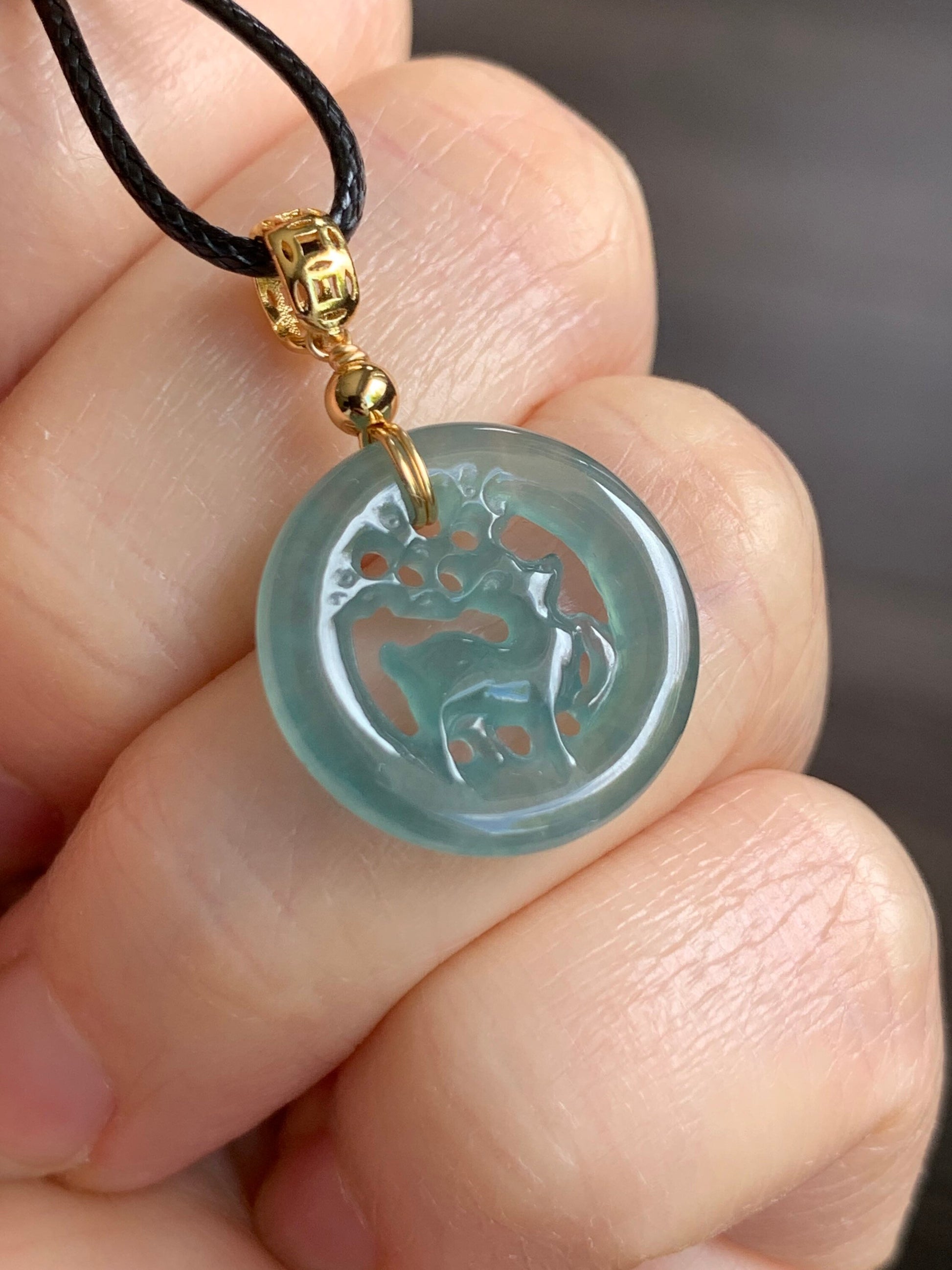 Natural Guatemalan Icy Highly Translucent Blue Jadeite Carved Deer Dangle Earrings / Pendant / Bracelet 14K Gold Plated 天然冰危A货蓝水翡翠双面雕鹿牌