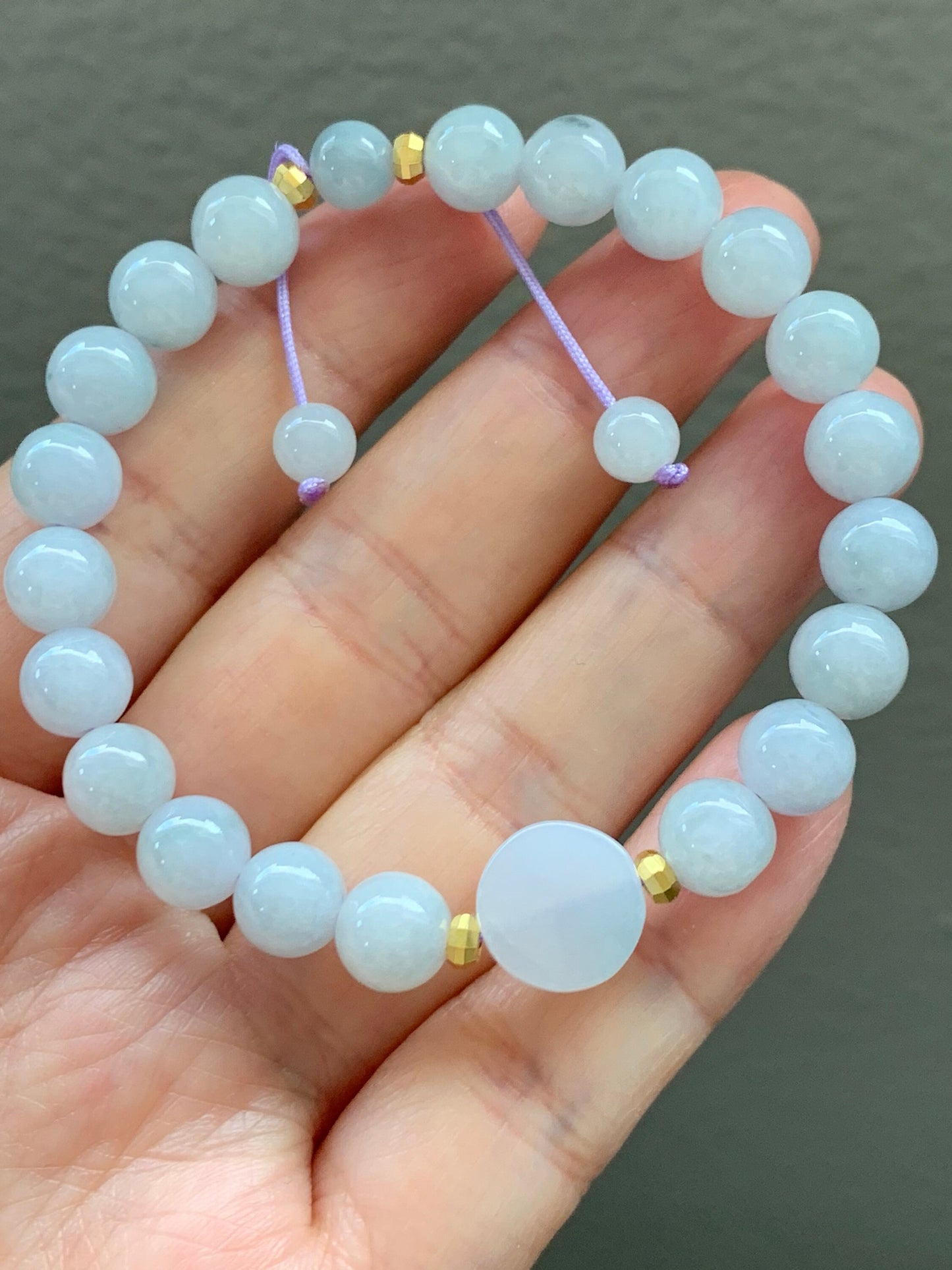 Burmese Natural Translucent Jadeite Round Beads and Coin Bead Beaded Bracelet 6.75” 天然缅甸翡翠圆珠圆无事牌手串