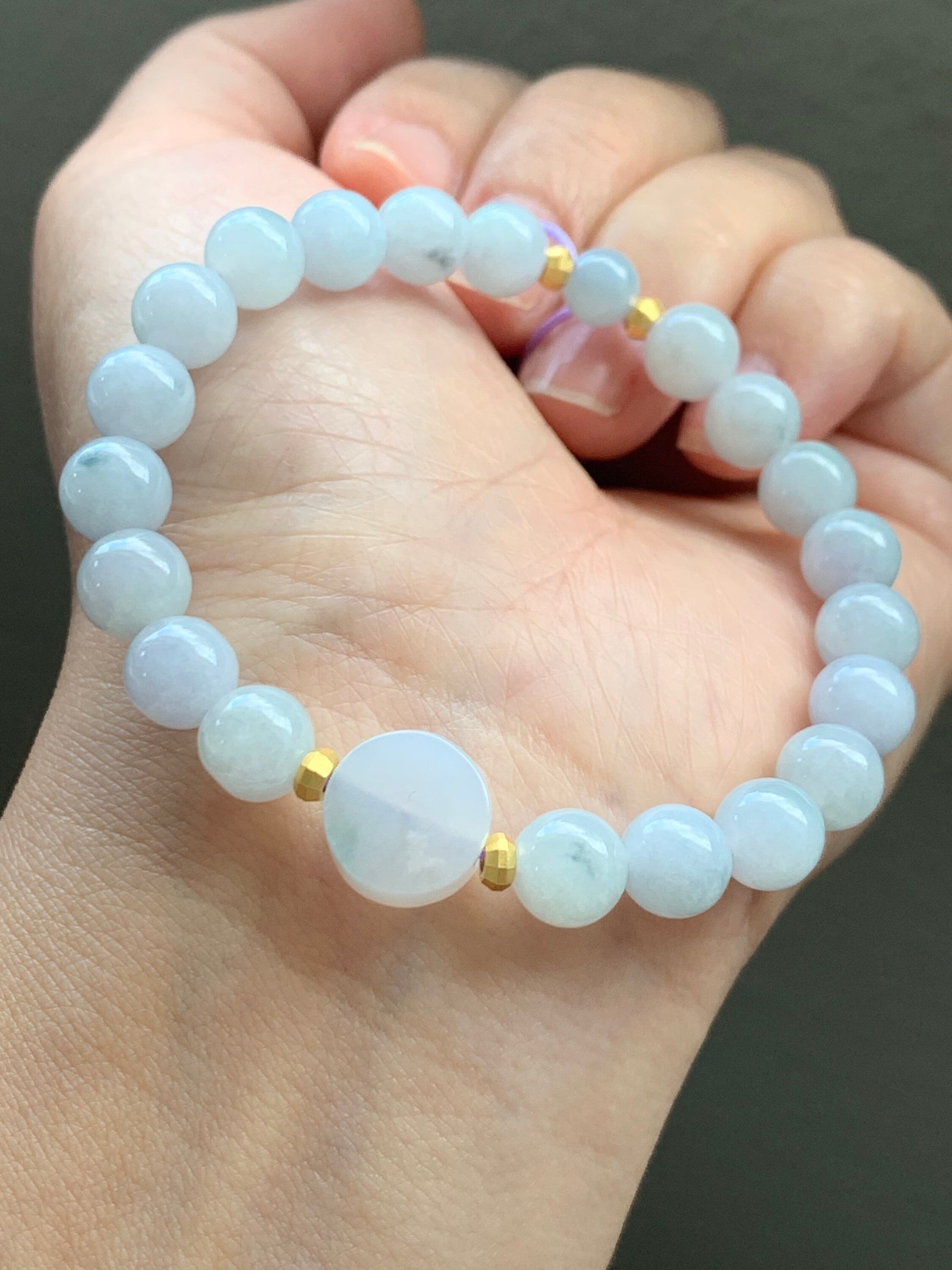 Burmese Natural Translucent Jadeite Round Beads and Coin Bead Beaded Bracelet 6.75” 天然缅甸翡翠圆珠圆无事牌手串
