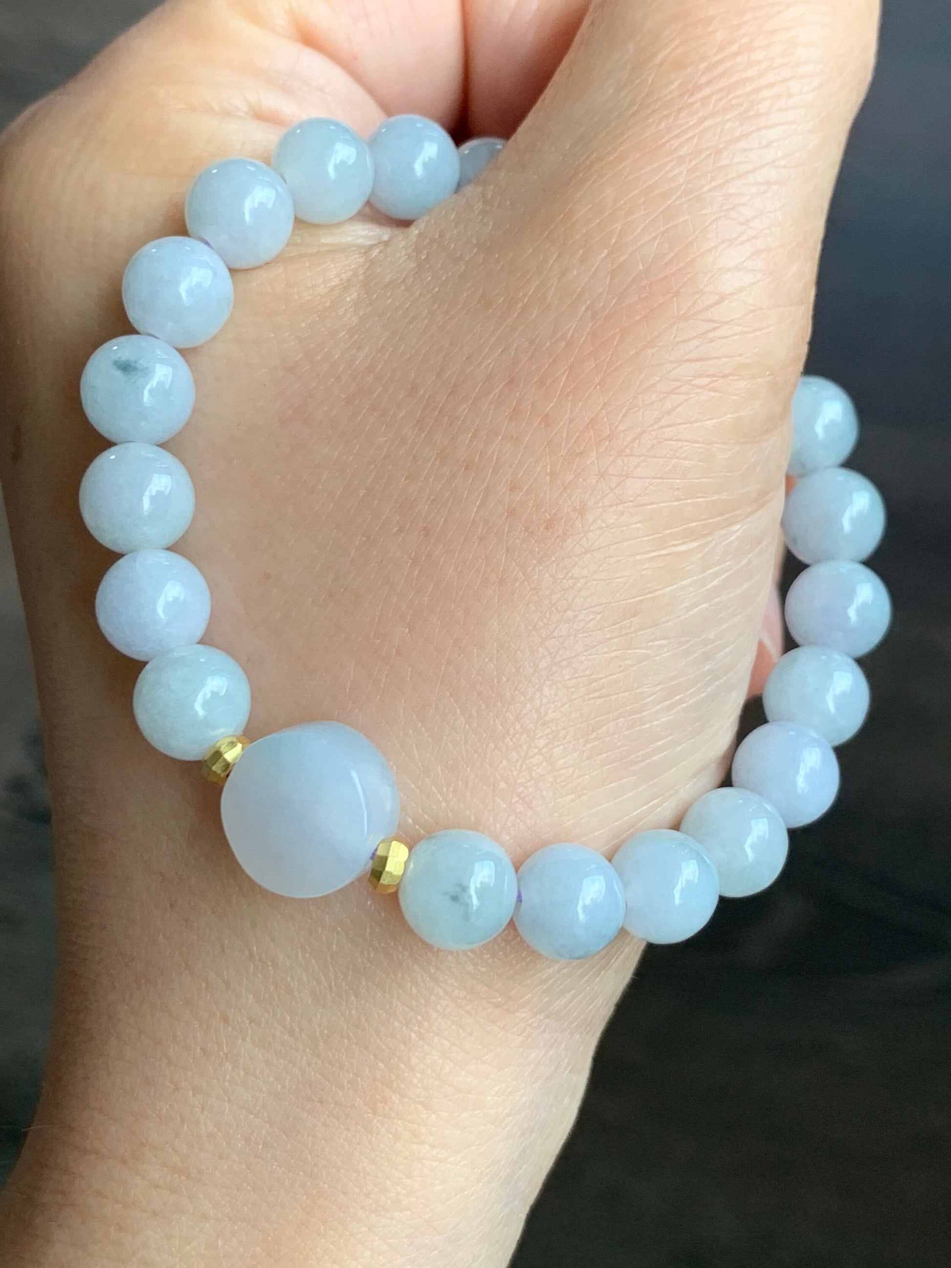 Burmese Natural Translucent Jadeite Round Beads and Coin Bead Beaded Bracelet 6.75” 天然缅甸翡翠圆珠圆无事牌手串