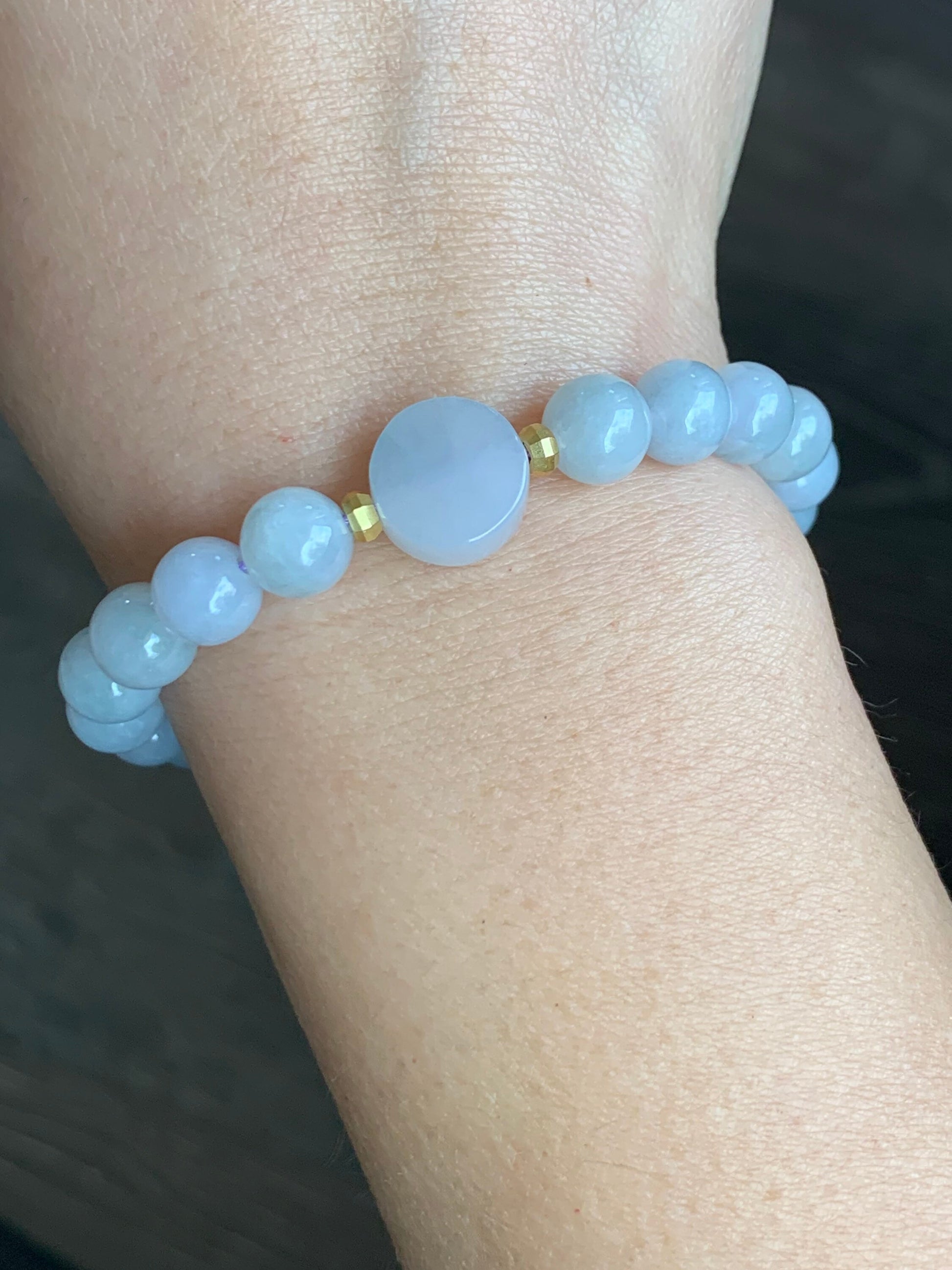 Burmese Natural Translucent Jadeite Round Beads and Coin Bead Beaded Bracelet 6.75” 天然缅甸翡翠圆珠圆无事牌手串