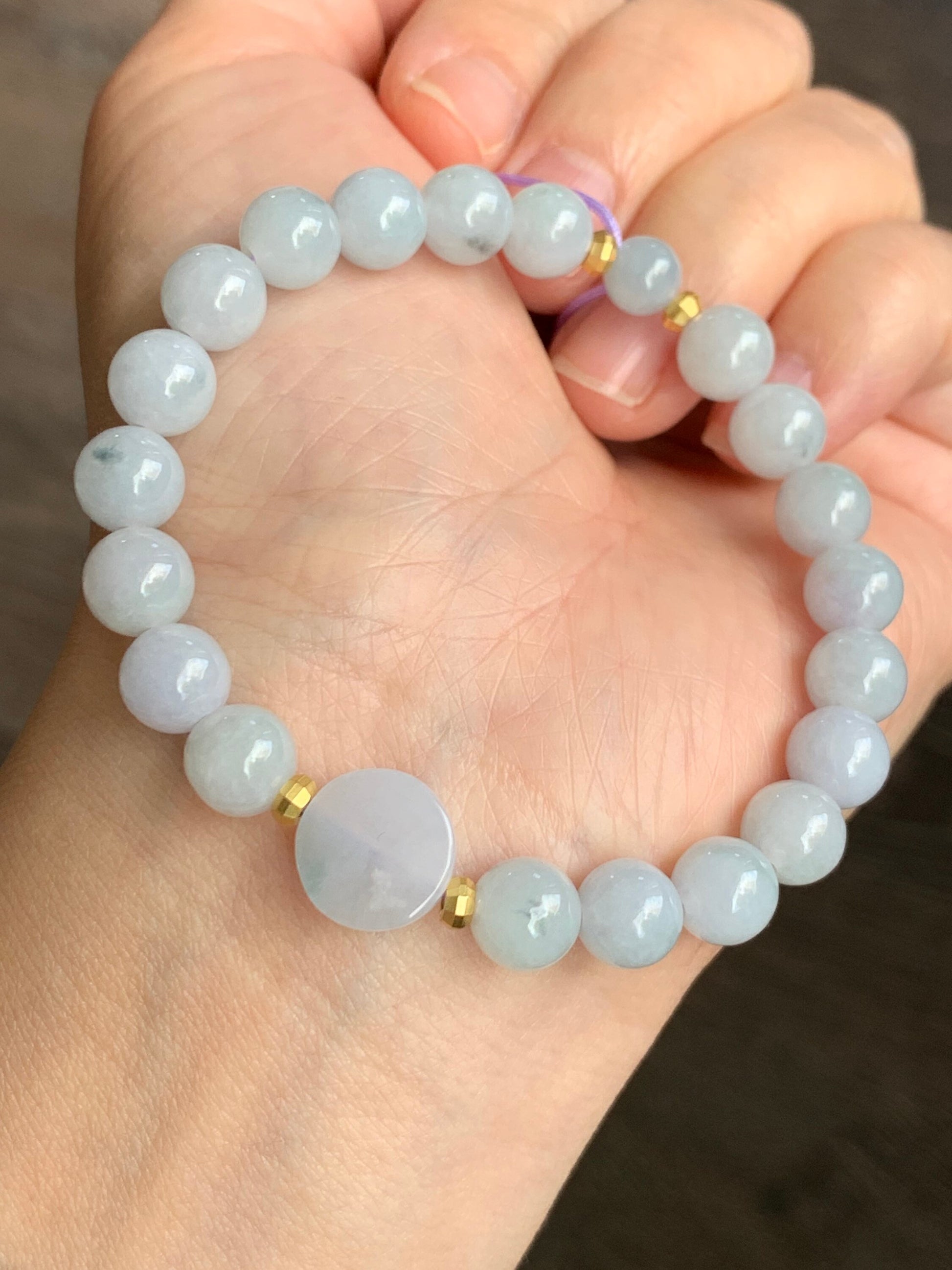 Burmese Natural Translucent Jadeite Round Beads and Coin Bead Beaded Bracelet 6.75” 天然缅甸翡翠圆珠圆无事牌手串