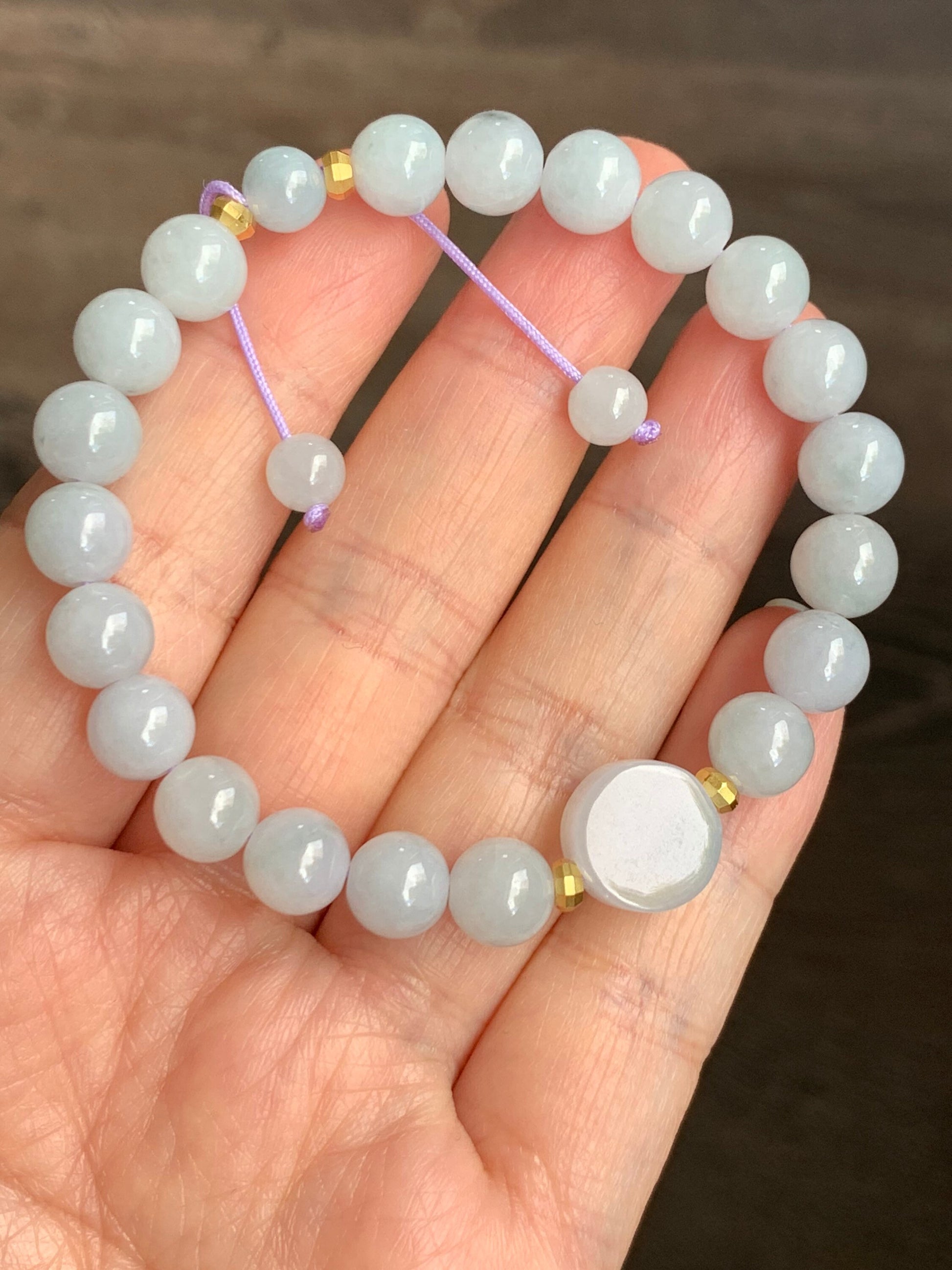 Burmese Natural Translucent Jadeite Round Beads and Coin Bead Beaded Bracelet 6.75” 天然缅甸翡翠圆珠圆无事牌手串