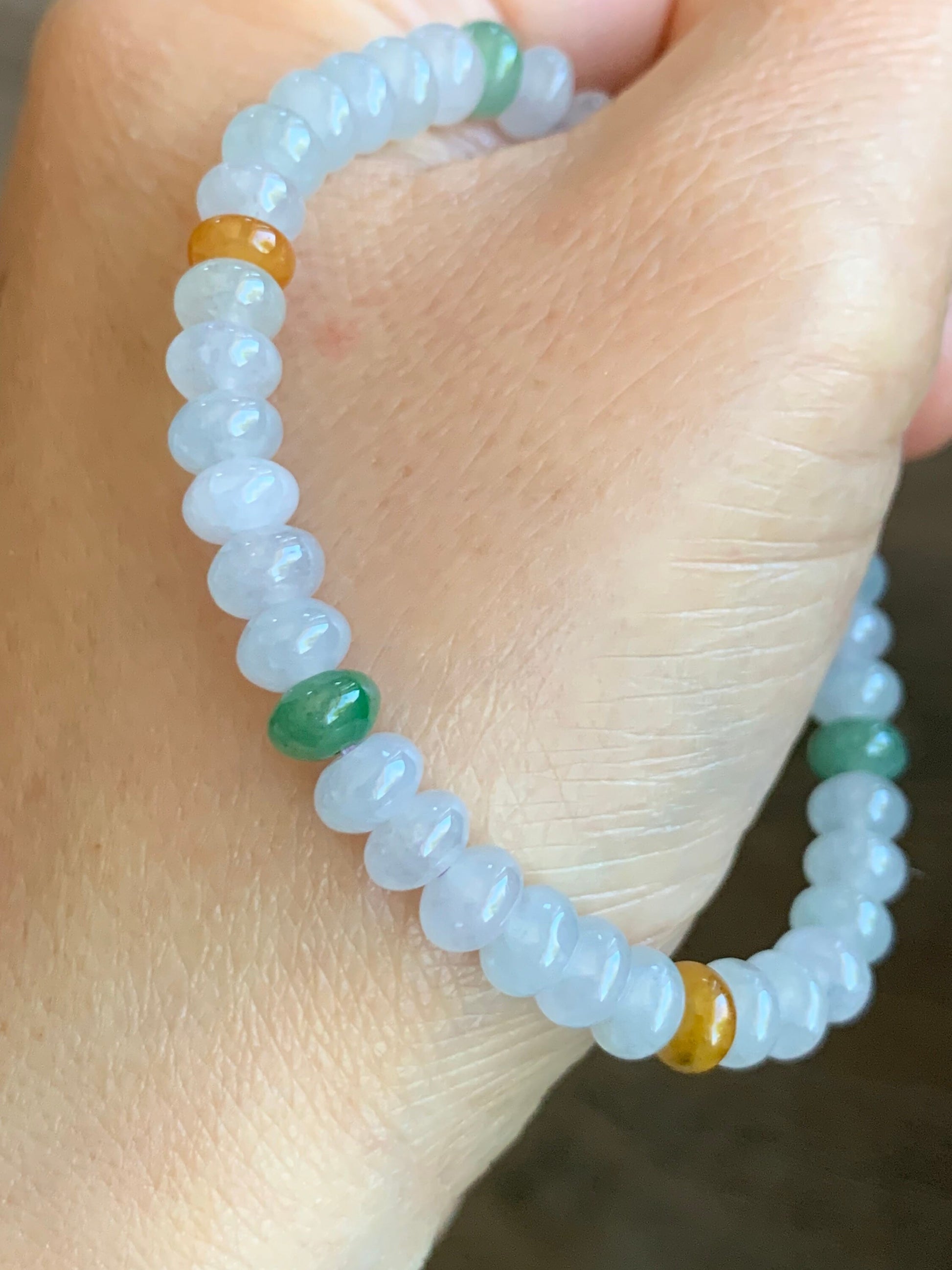 Burmese Natural Premium Icy translucent Multi-Colored Jadeite Drum Beads Beaded Bracelet 6.1mm 6.25” 天然缅甸起冰起光多宝翡翠鼓珠手串 ZXG131