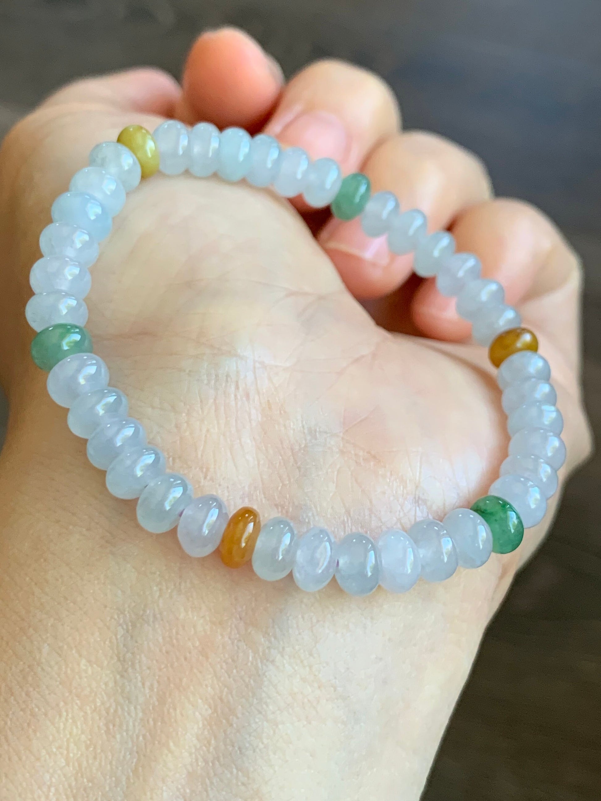 Burmese Natural Premium Icy translucent Multi-Colored Jadeite Drum Beads Beaded Bracelet 6.1mm 6.25” 天然缅甸起冰起光多宝翡翠鼓珠手串 ZXG131