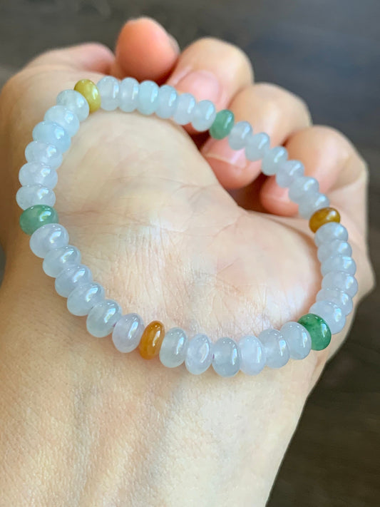 Burmese Natural Premium Icy translucent Multi-Colored Jadeite Drum Beads Beaded Bracelet 6.1mm 6.25” 天然缅甸起冰起光多宝翡翠鼓珠手串 ZXG131