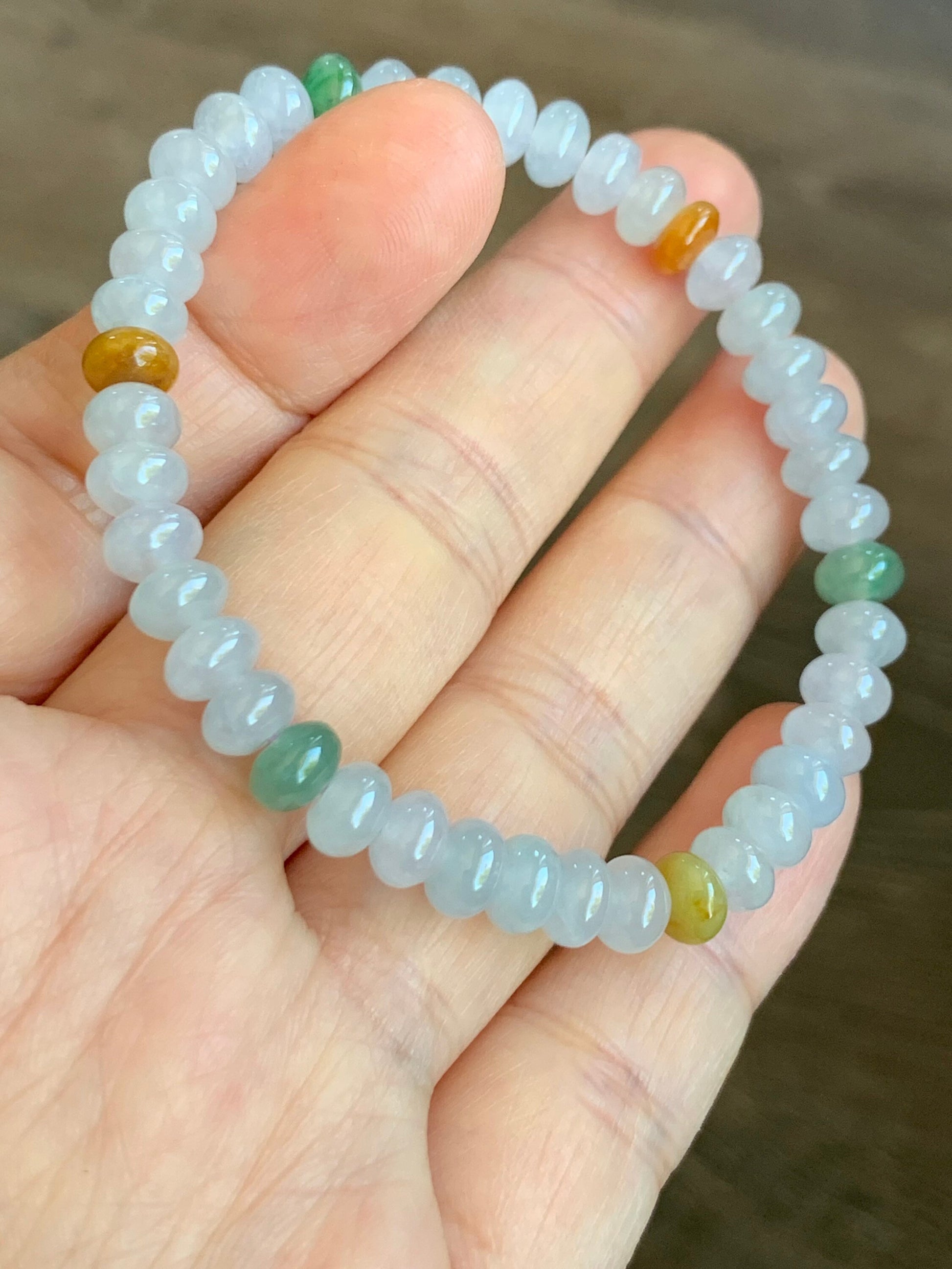 Burmese Natural Premium Icy translucent Multi-Colored Jadeite Drum Beads Beaded Bracelet 6.1mm 6.25” 天然缅甸起冰起光多宝翡翠鼓珠手串 ZXG131