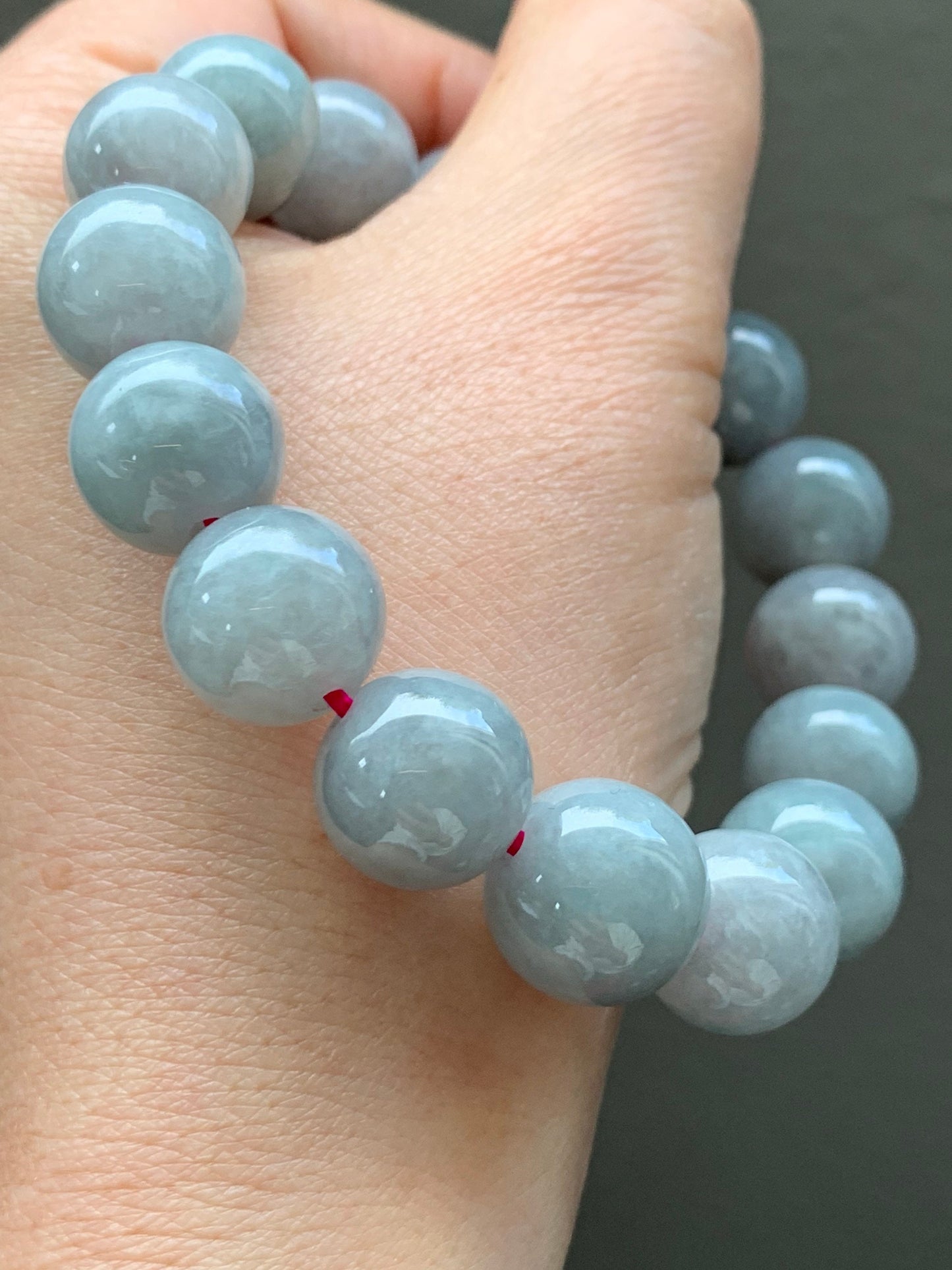 Large Burmese Natural Icy Light Wuji Jadeite Beaded Bracelet 13+mm 7.75” 天然缅甸大卡糯冰乌鸡翡翠手串