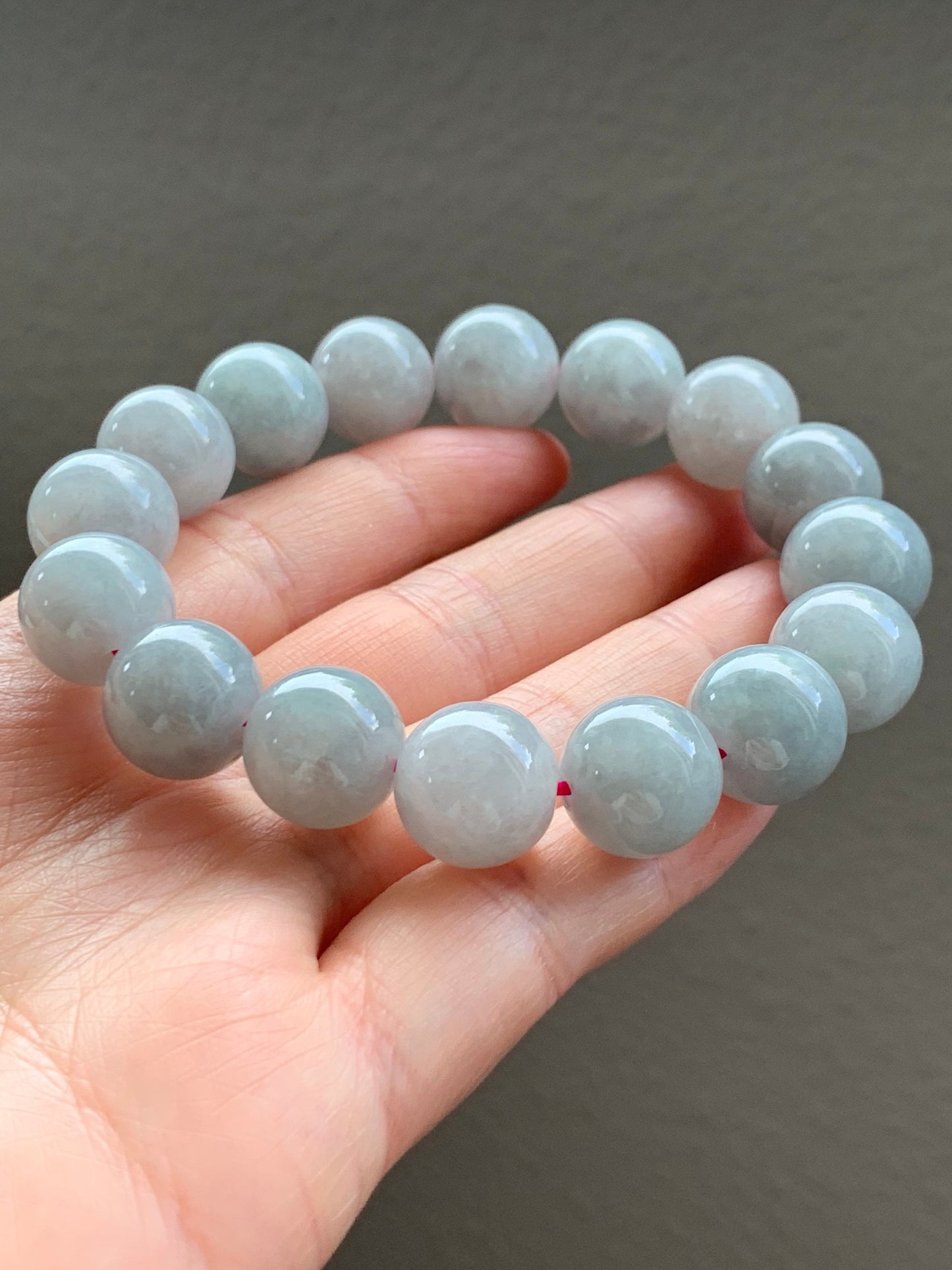 Large Burmese Natural Icy Light Wuji Jadeite Beaded Bracelet 13+mm 7.75” 天然缅甸大卡糯冰乌鸡翡翠手串