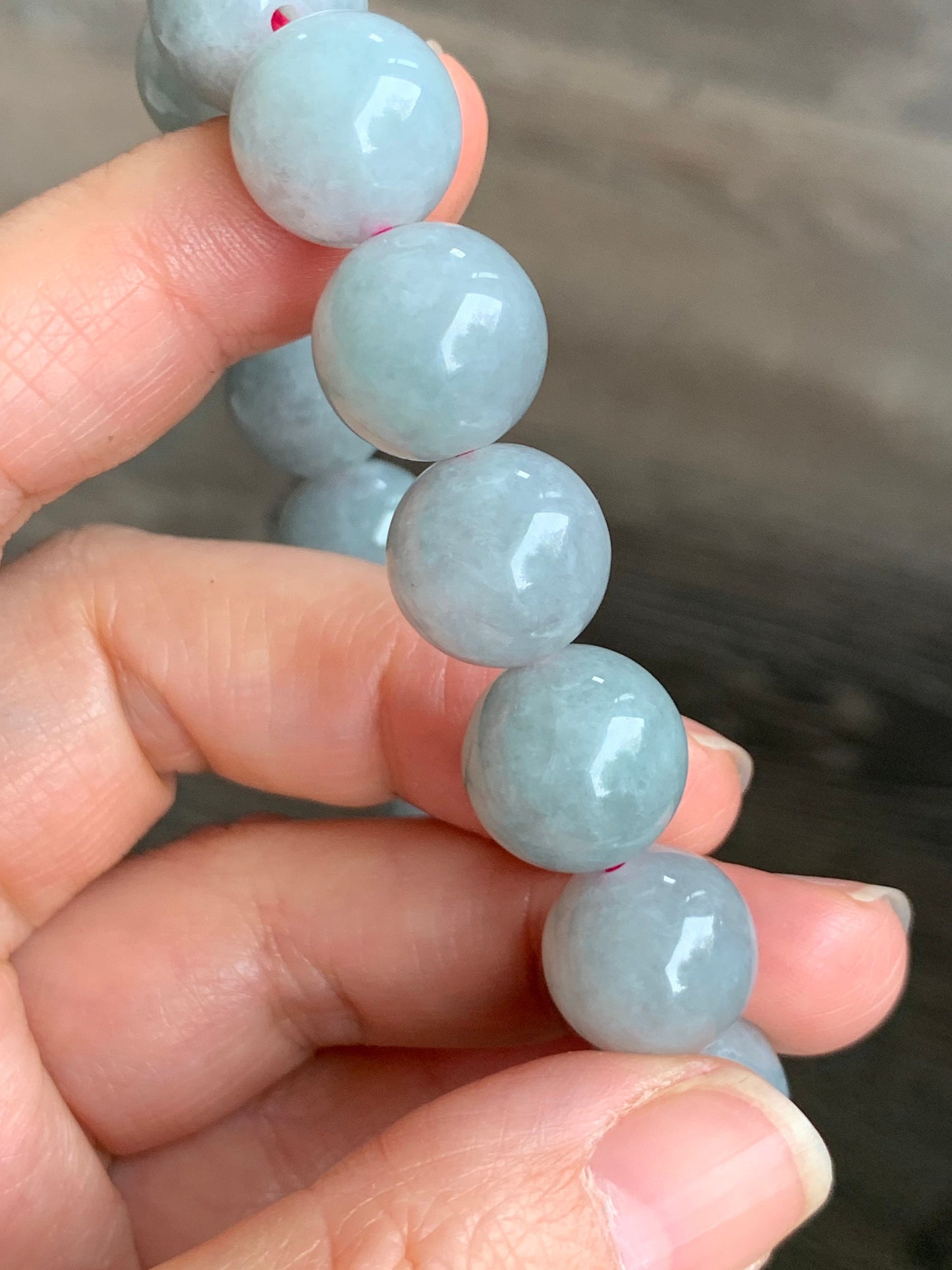 Large Burmese Natural Icy Light Wuji Jadeite Beaded Bracelet 13+mm 7.75” 天然缅甸大卡糯冰乌鸡翡翠手串