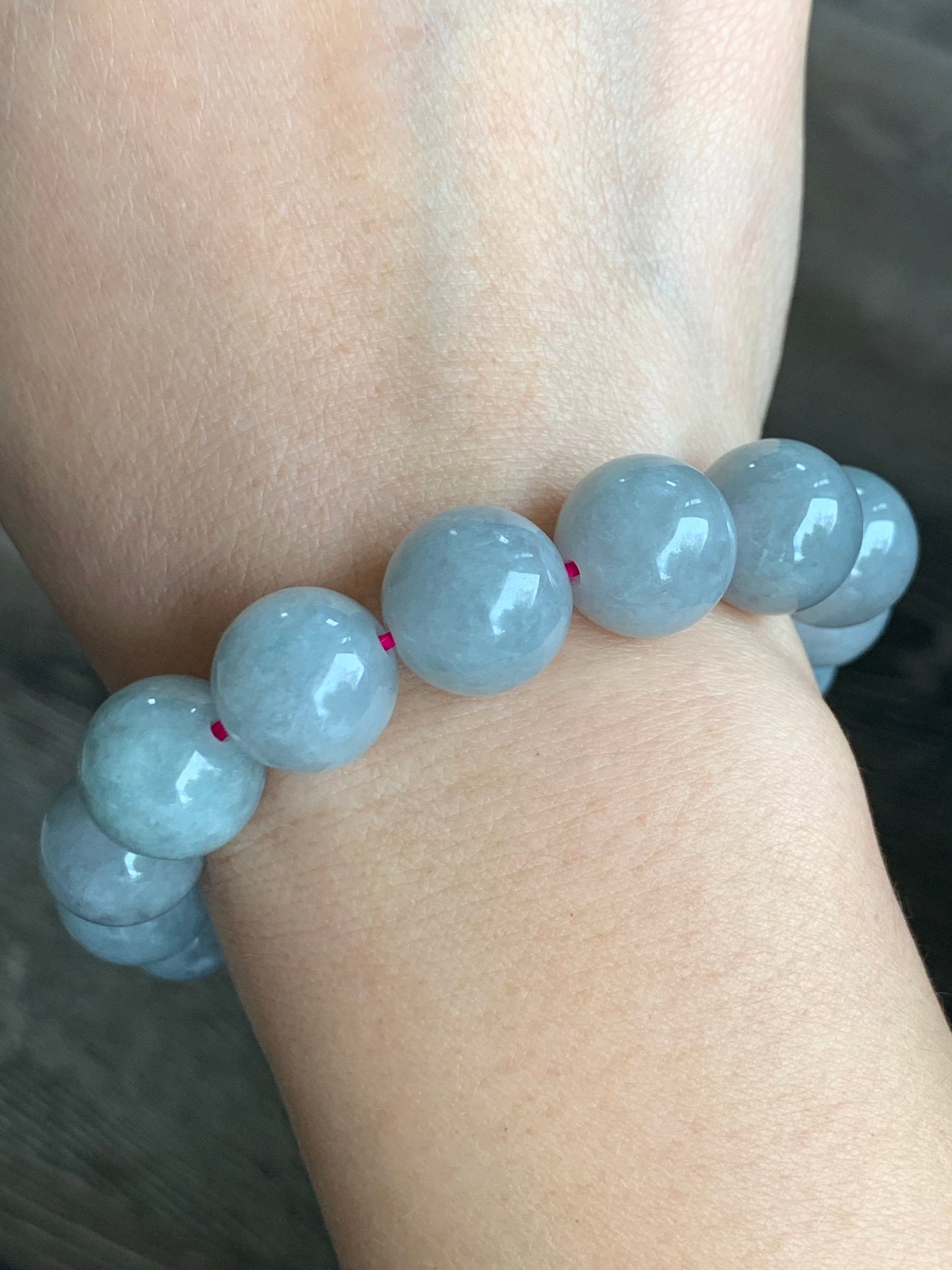 Large Burmese Natural Icy Light Wuji Jadeite Beaded Bracelet 13+mm 7.75” 天然缅甸大卡糯冰乌鸡翡翠手串