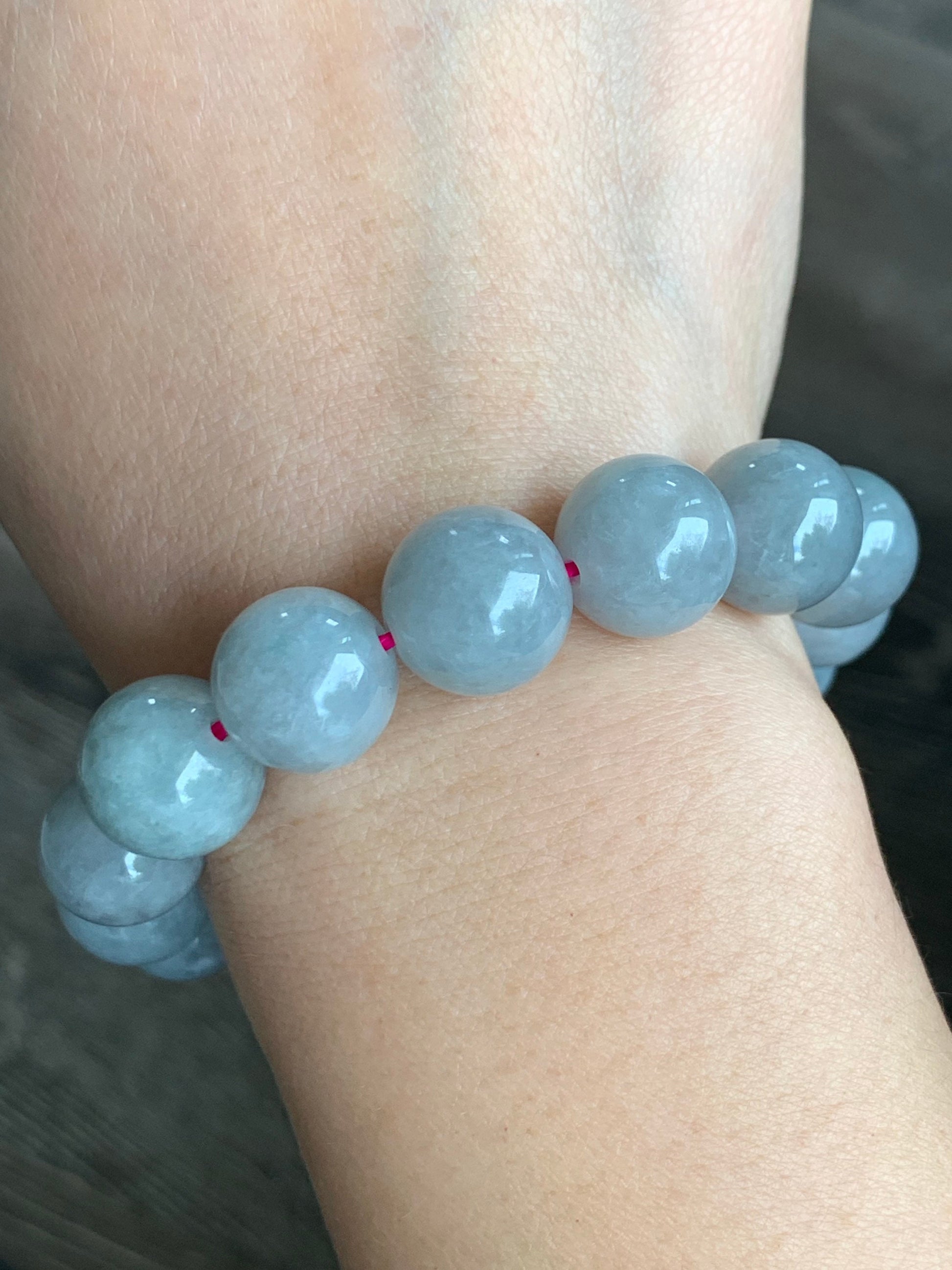 Large Burmese Natural Icy Light Wuji Jadeite Beaded Bracelet 13+mm 7.75” 天然缅甸大卡糯冰乌鸡翡翠手串