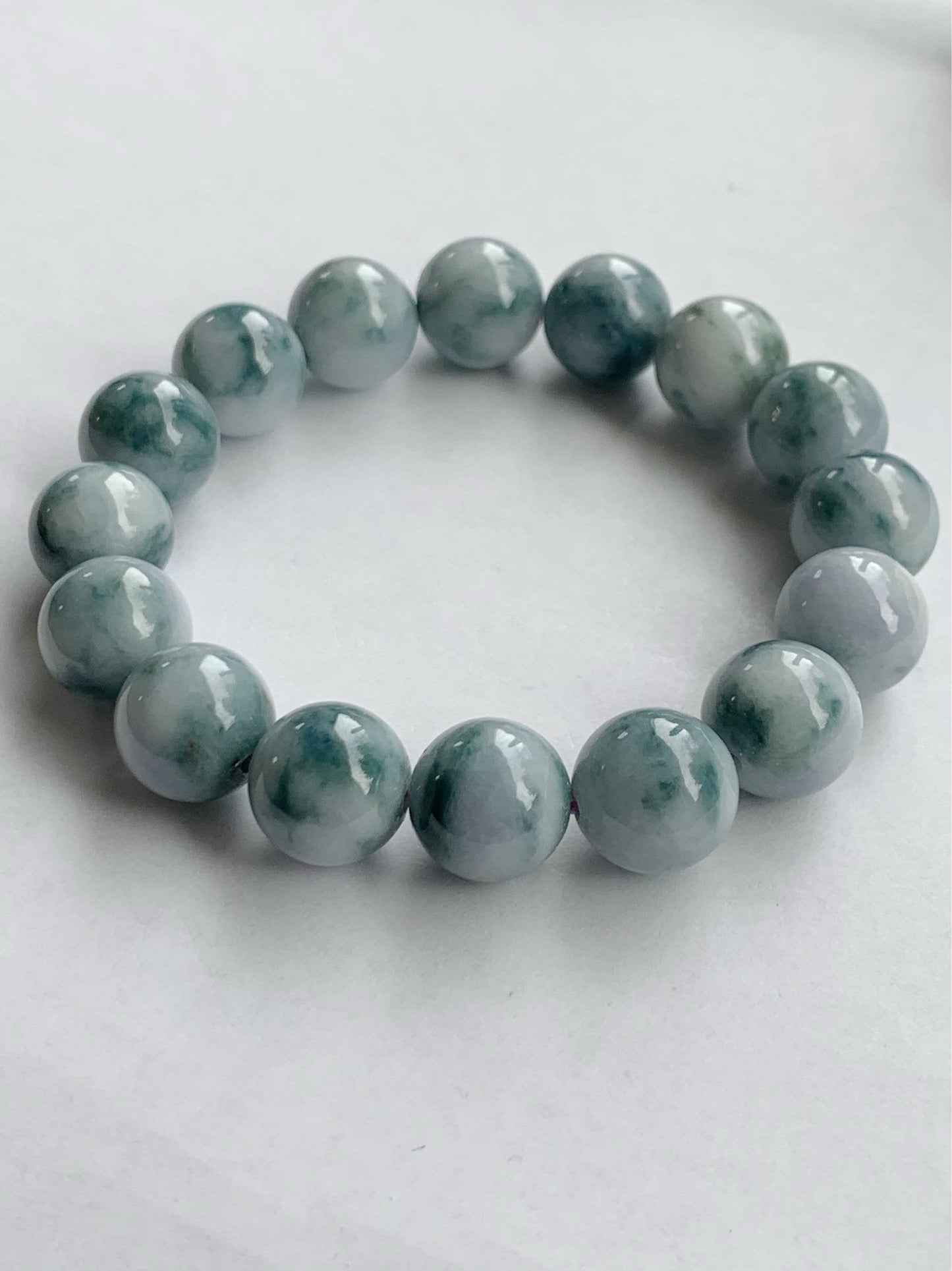 Large Burmese Natural White Jadeite w/ Teal Blue Marbling Beaded Bracelet 12.5mm 7.75” 天然缅甸大卡糯种飘蓝花翡翠手串