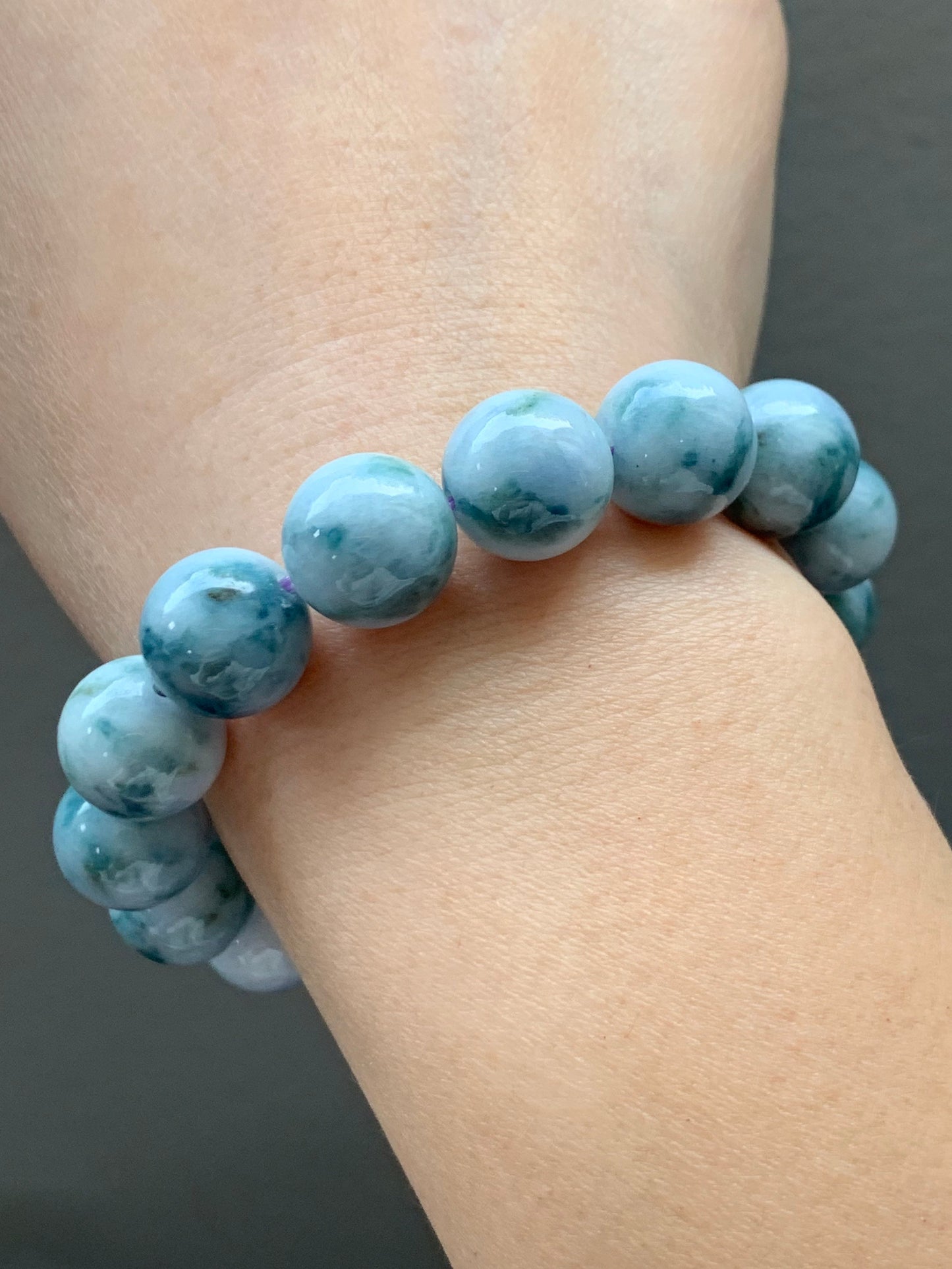 Large Burmese Natural White Jadeite w/ Teal Blue Marbling Beaded Bracelet 12.5mm 7.75” 天然缅甸大卡糯种飘蓝花翡翠手串