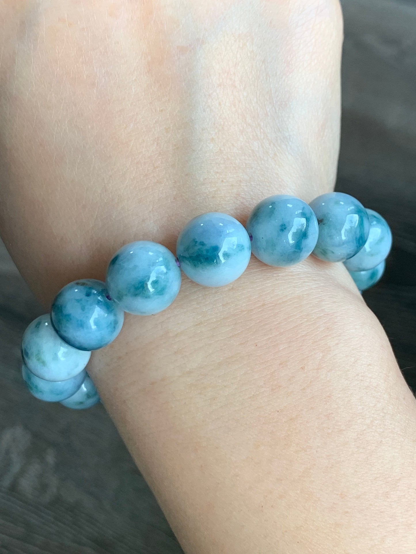 Large Burmese Natural White Jadeite w/ Teal Blue Marbling Beaded Bracelet 12.5mm 7.75” 天然缅甸大卡糯种飘蓝花翡翠手串