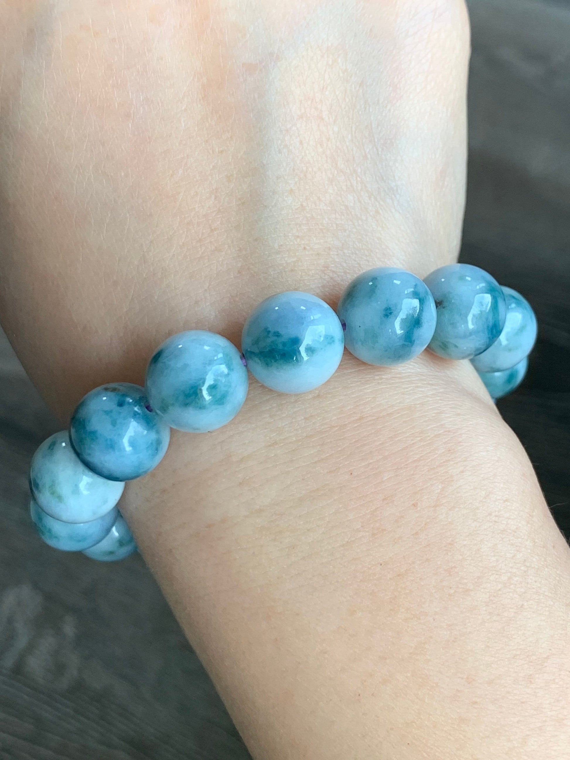 Large Burmese Natural White Jadeite w/ Teal Blue Marbling Beaded Bracelet 12.5mm 7.75” 天然缅甸大卡糯种飘蓝花翡翠手串