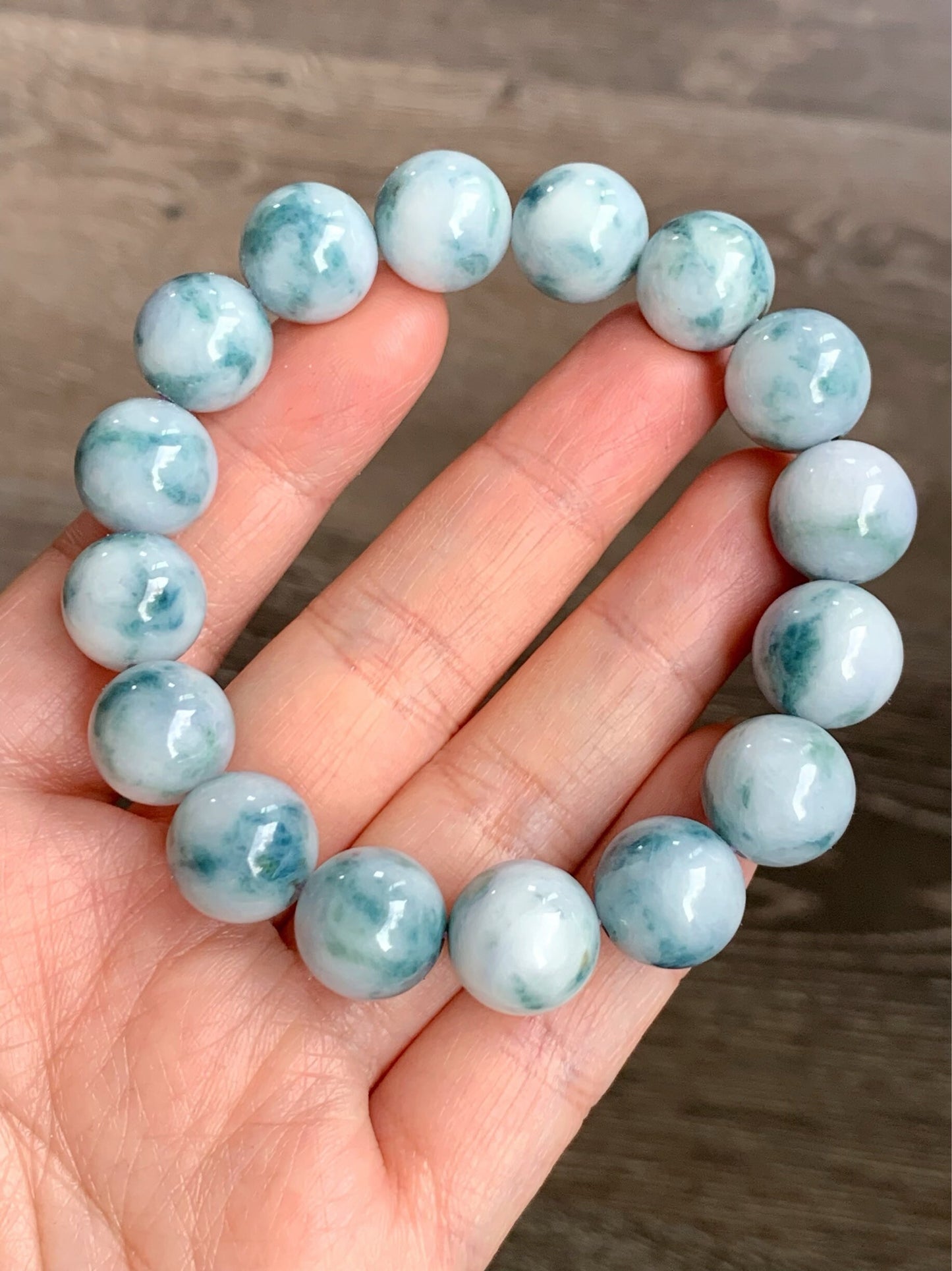 Large Burmese Natural White Jadeite w/ Teal Blue Marbling Beaded Bracelet 12.5mm 7.75” 天然缅甸大卡糯种飘蓝花翡翠手串