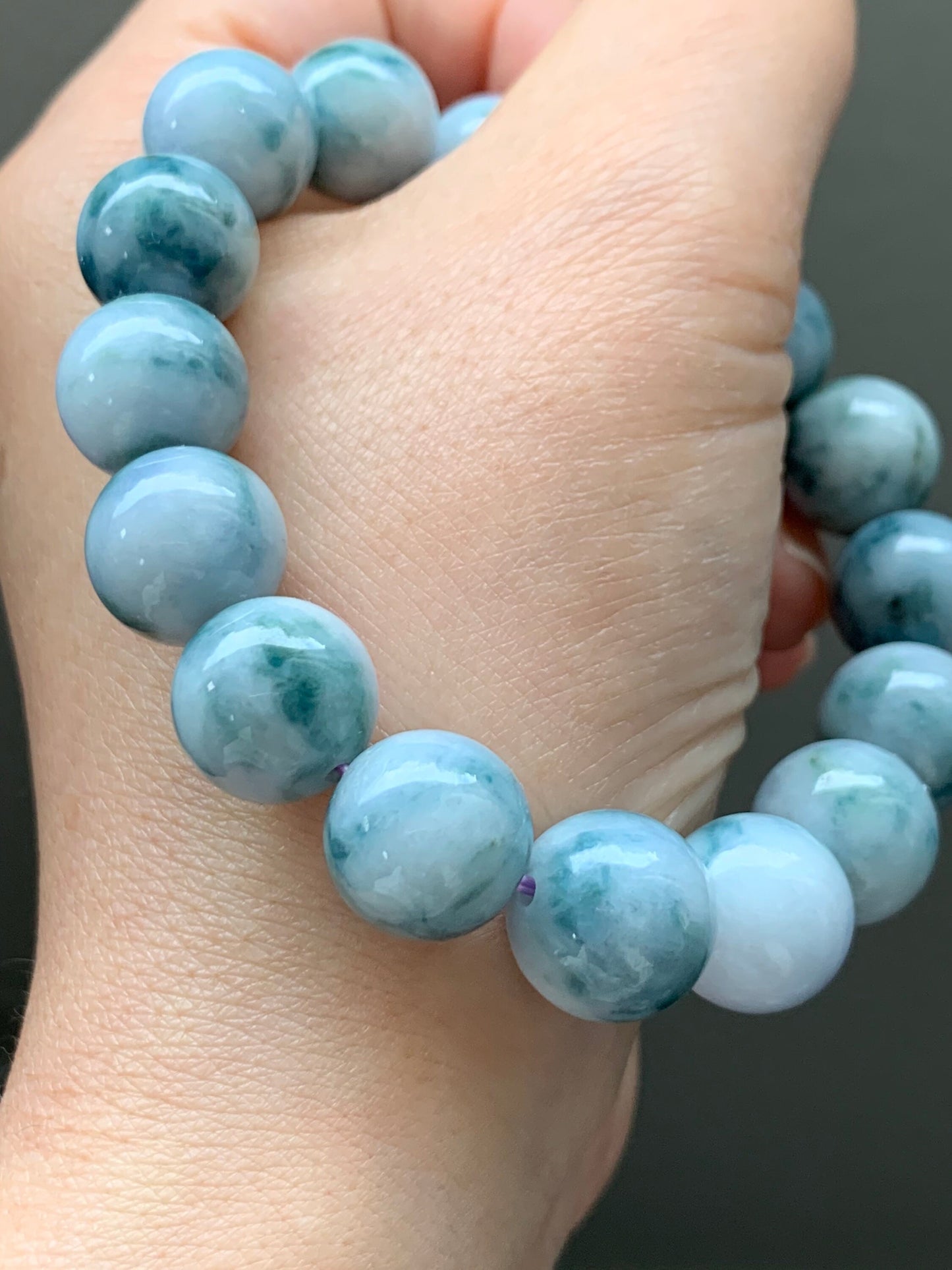 Large Burmese Natural White Jadeite w/ Teal Blue Marbling Beaded Bracelet 12.5mm 7.75” 天然缅甸大卡糯种飘蓝花翡翠手串