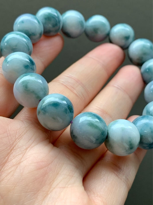 Large Burmese Natural White Jadeite w/ Teal Blue Marbling Beaded Bracelet 12.5mm 7.75” 天然缅甸大卡糯种飘蓝花翡翠手串
