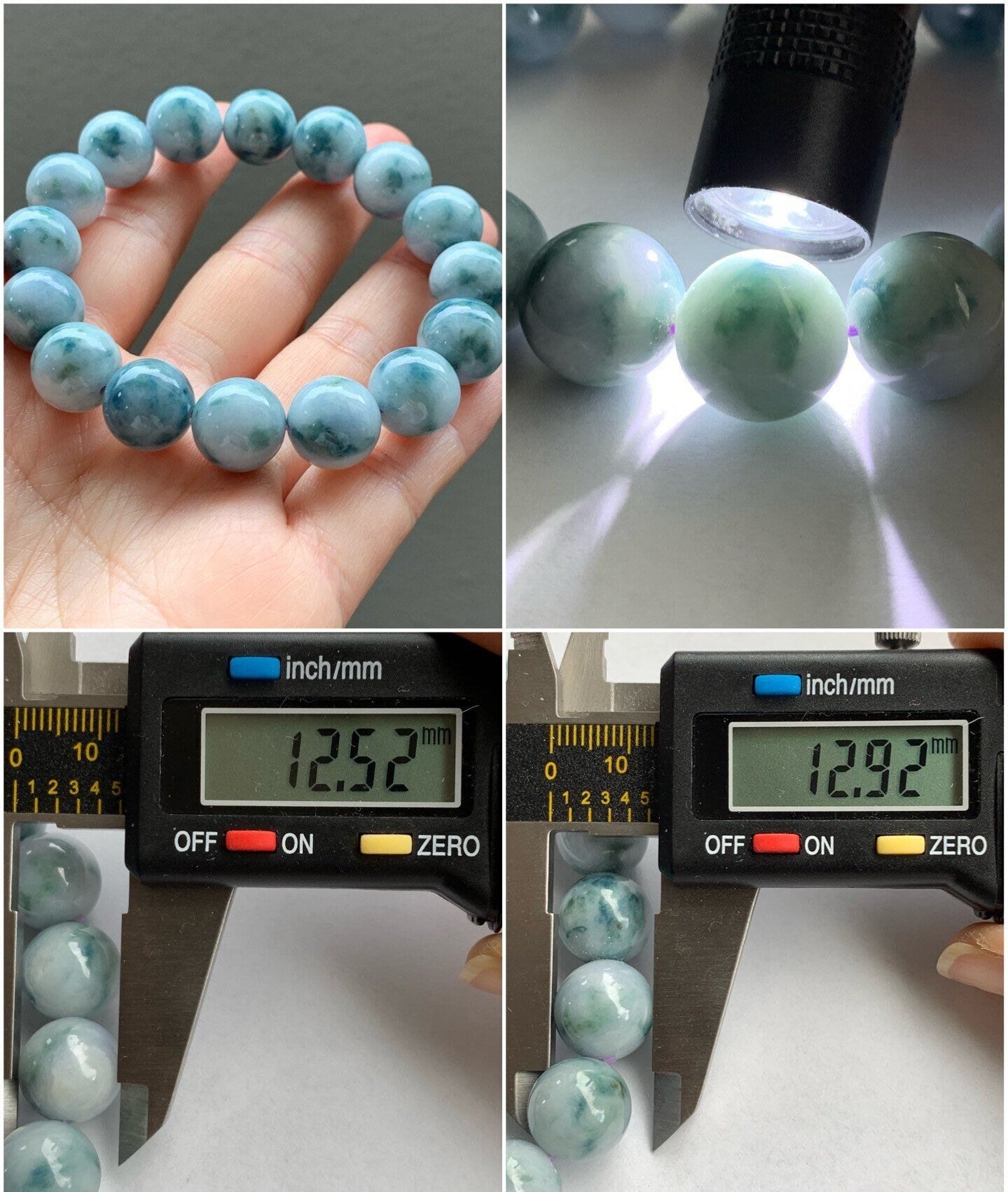 Large Burmese Natural White Jadeite w/ Teal Blue Marbling Beaded Bracelet 12.5mm 7.75” 天然缅甸大卡糯种飘蓝花翡翠手串