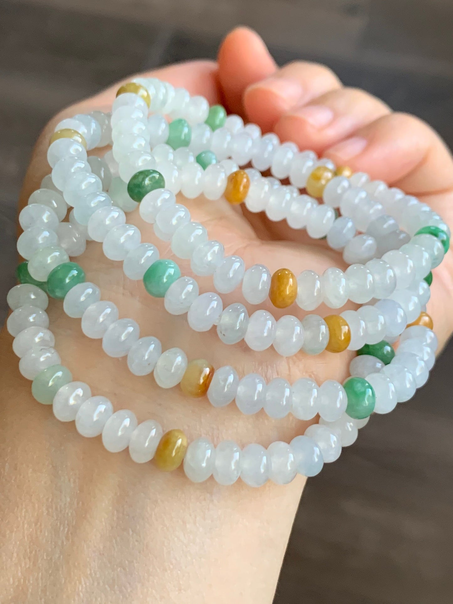 April Special! Burmese Natural Icy Translucent Multi-Colored Jadeite Drum Beads Beaded Bracelet 6mm 6.25” 天然缅甸冰多宝翡翠鼓珠手串 XGSP29