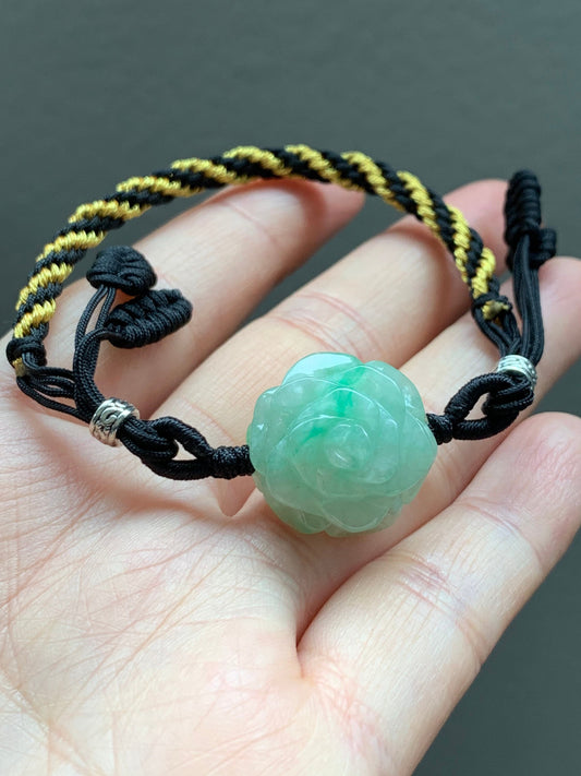 Natural Burmese Icy Translucent & Gelatinous Green Marbled Jadeite Carved Rose Flower Rope Bracelet Adjustable 6"-8.5” 天然缅甸冰绿飘花翡翠玫瑰花手绳