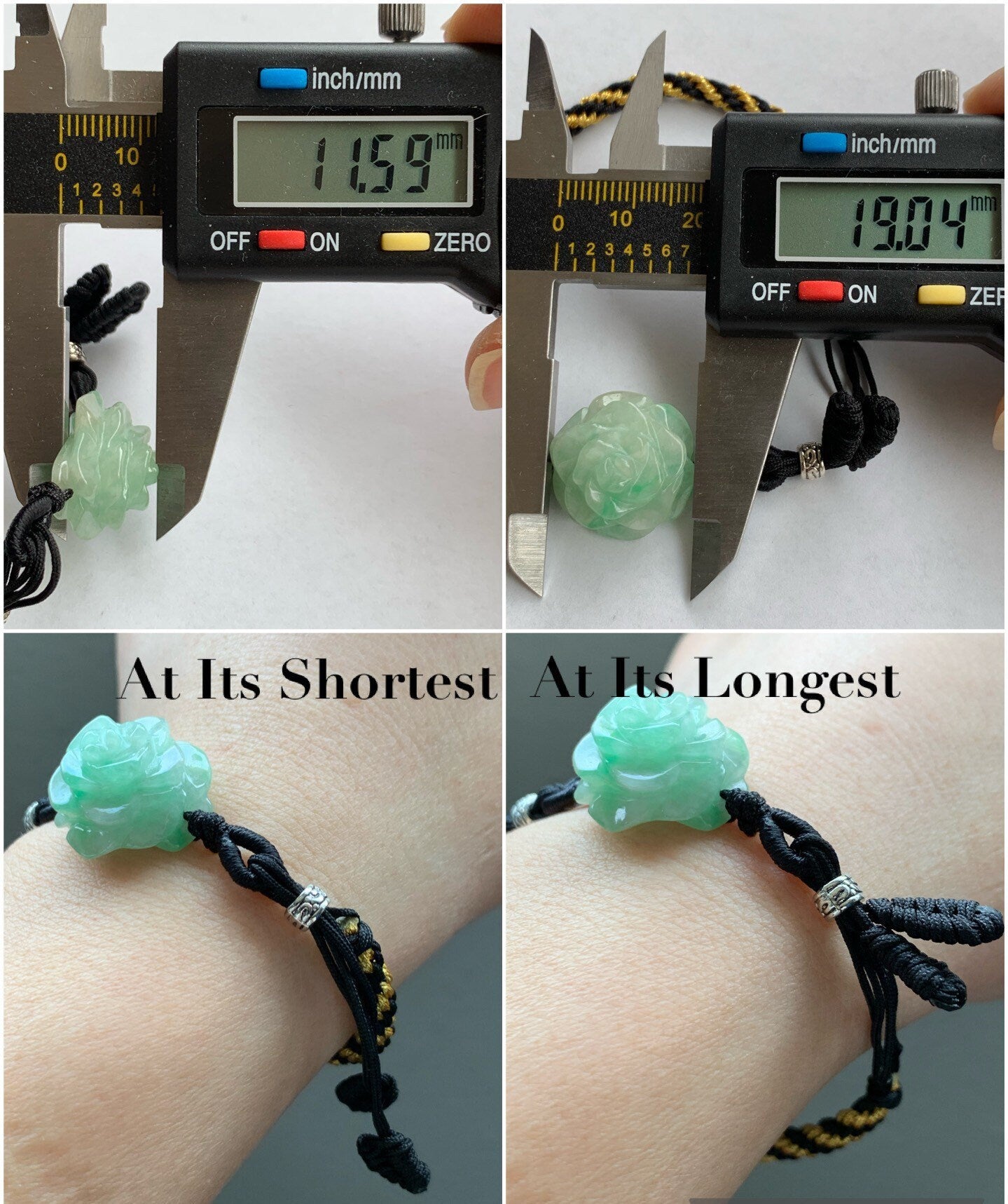 Natural Burmese Icy Translucent & Gelatinous Green Marbled Jadeite Carved Rose Flower Rope Bracelet Adjustable 6"-8.5” 天然缅甸冰绿飘花翡翠玫瑰花手绳