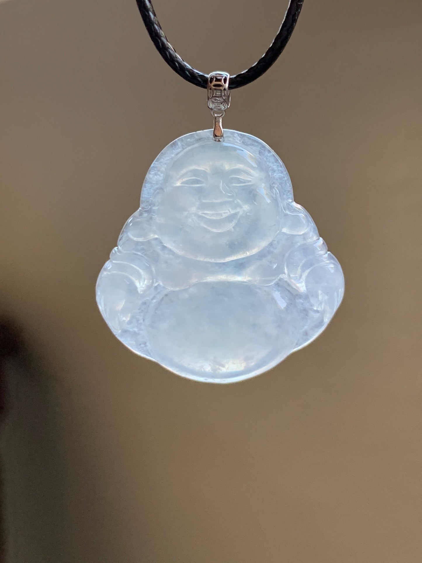 Natural Burmese Icy Highly Translucent White Jadeite Carved Buddha Pendant 18K White Gold Bail 天然缅甸白冰翡翠佛公镶嵌吊坠