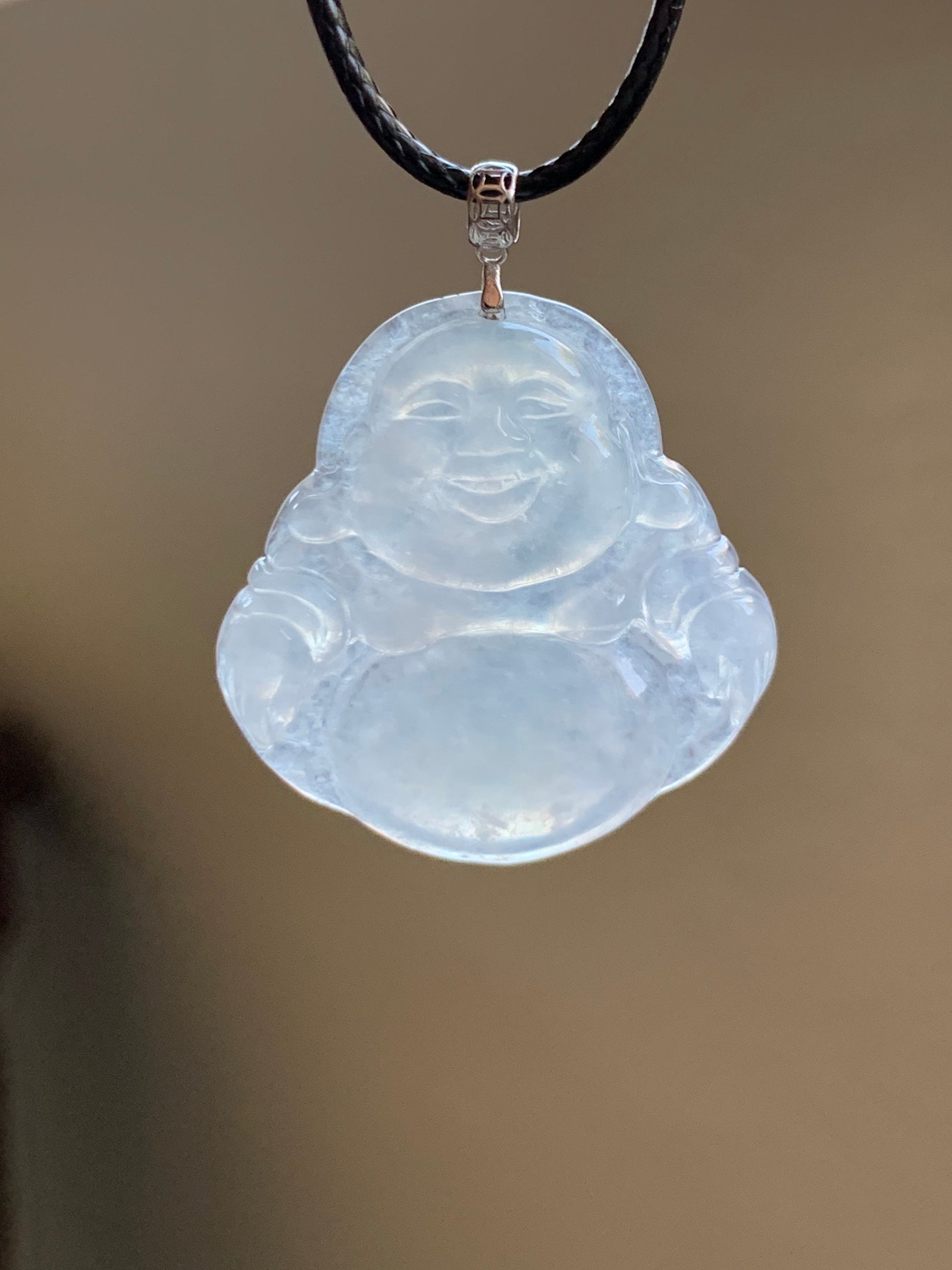 Natural Burmese Icy Highly Translucent White Jadeite Carved Buddha Pendant 18K White Gold Bail 天然缅甸白冰翡翠佛公镶嵌吊坠
