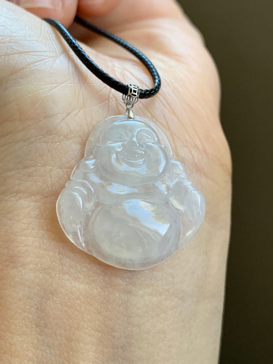 Natural Burmese Icy Highly Translucent White Jadeite Carved Buddha Pendant 18K White Gold Bail 天然缅甸白冰翡翠佛公镶嵌吊坠
