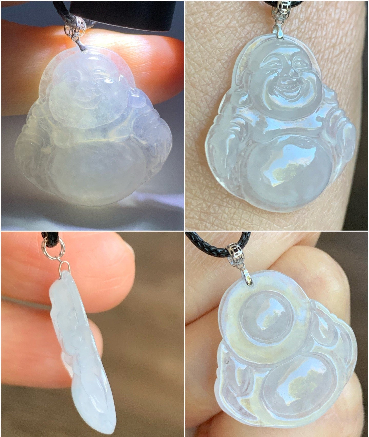 Natural Burmese Icy Highly Translucent White Jadeite Carved Buddha Pendant 18K White Gold Bail 天然缅甸白冰翡翠佛公镶嵌吊坠