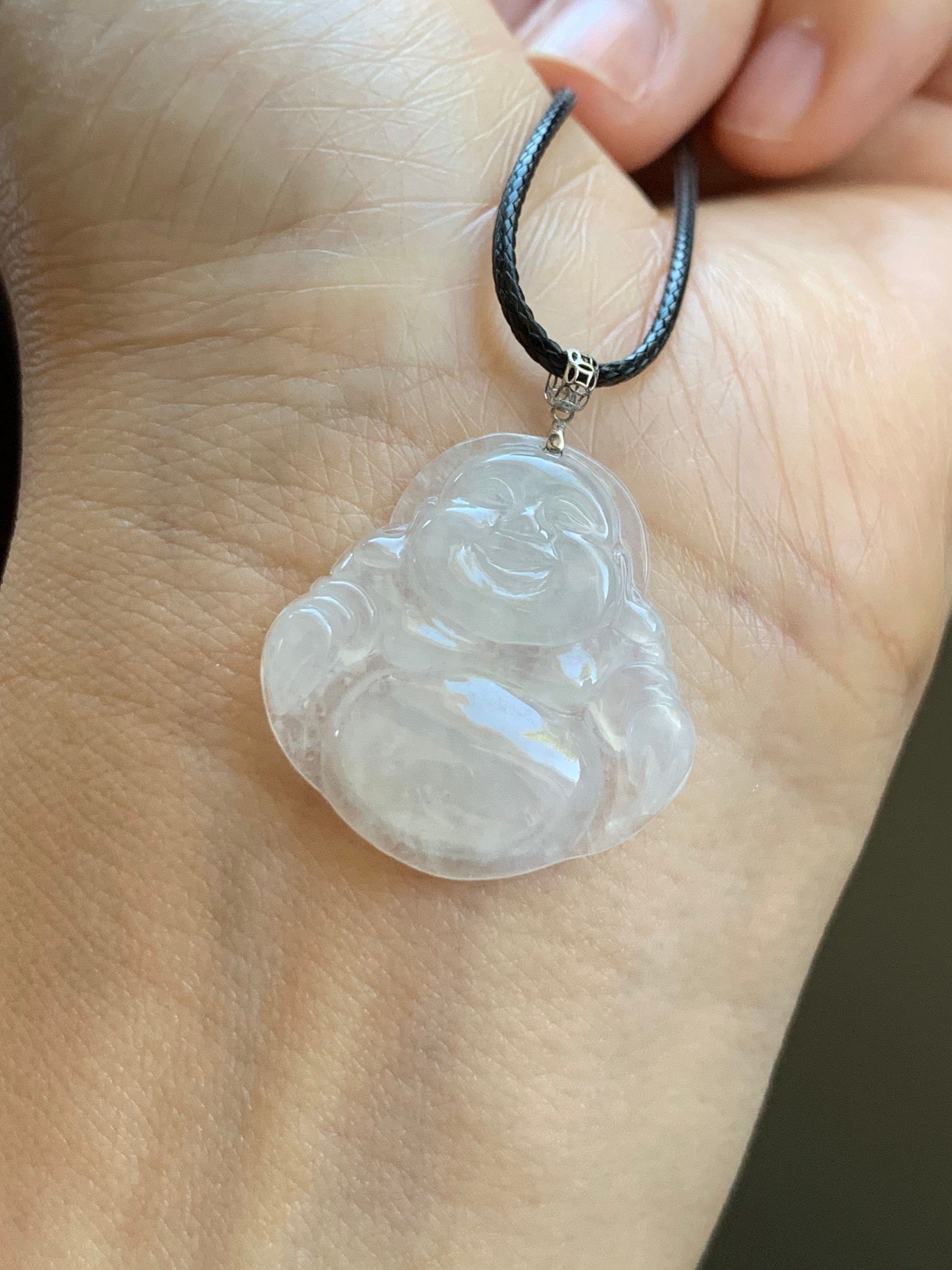 Natural Burmese Icy Highly Translucent White Jadeite Carved Buddha Pendant 18K White Gold Bail 天然缅甸白冰翡翠佛公镶嵌吊坠