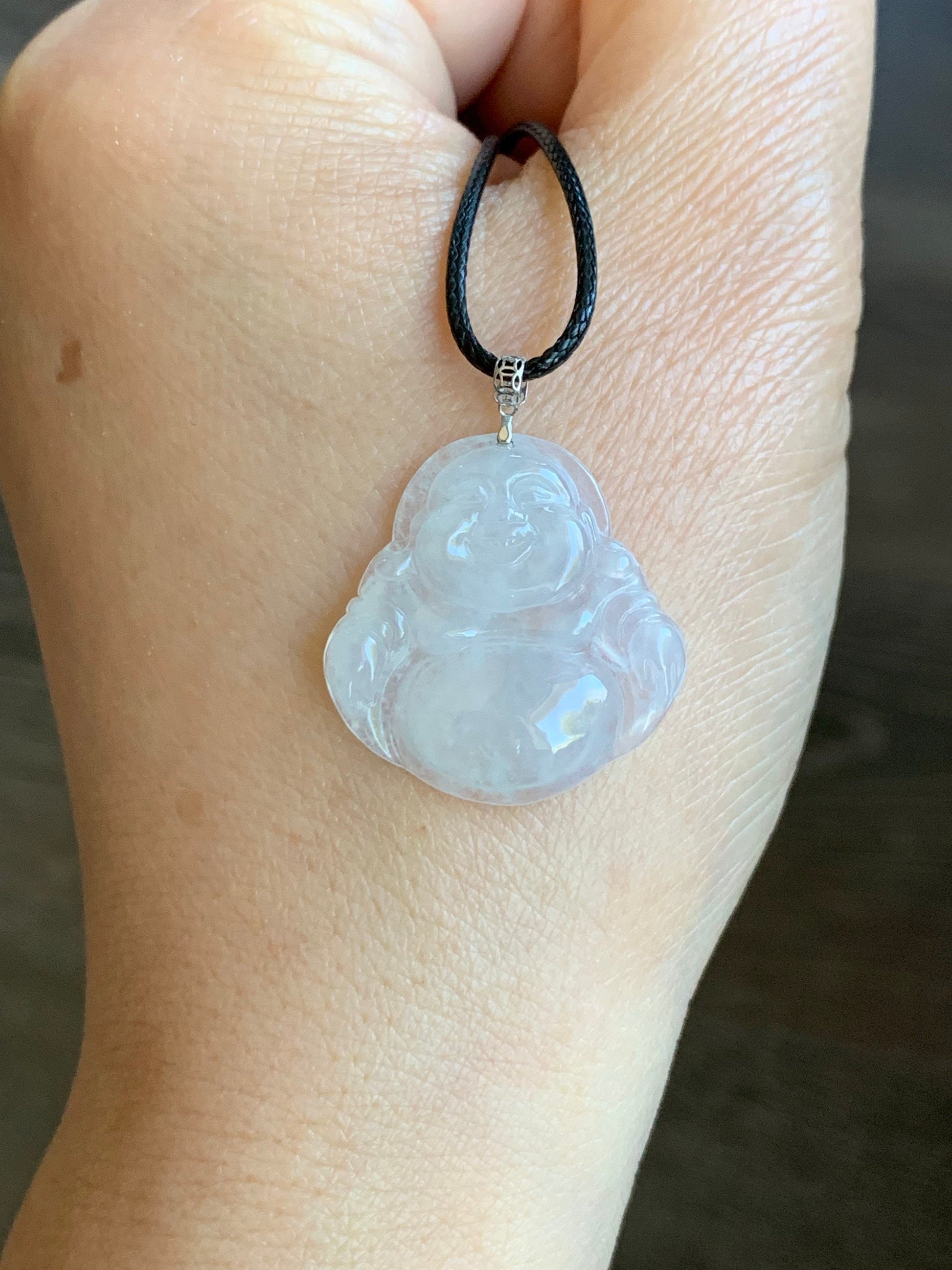 Natural Burmese Icy Highly Translucent White Jadeite Carved Buddha Pendant 18K White Gold Bail 天然缅甸白冰翡翠佛公镶嵌吊坠