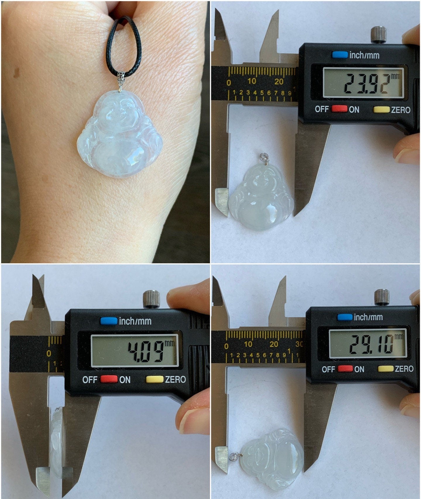 Natural Burmese Icy Highly Translucent White Jadeite Carved Buddha Pendant 18K White Gold Bail 天然缅甸白冰翡翠佛公镶嵌吊坠