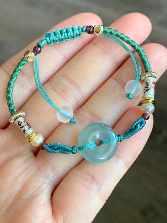 Natural Burmese Icy Highly Translucent Light Green Jadeite Ping An Kou Donut Bead Rope Bracelet Adjustable up to 8.5” 天然缅甸冰胶晴底翡翠平安扣手绳