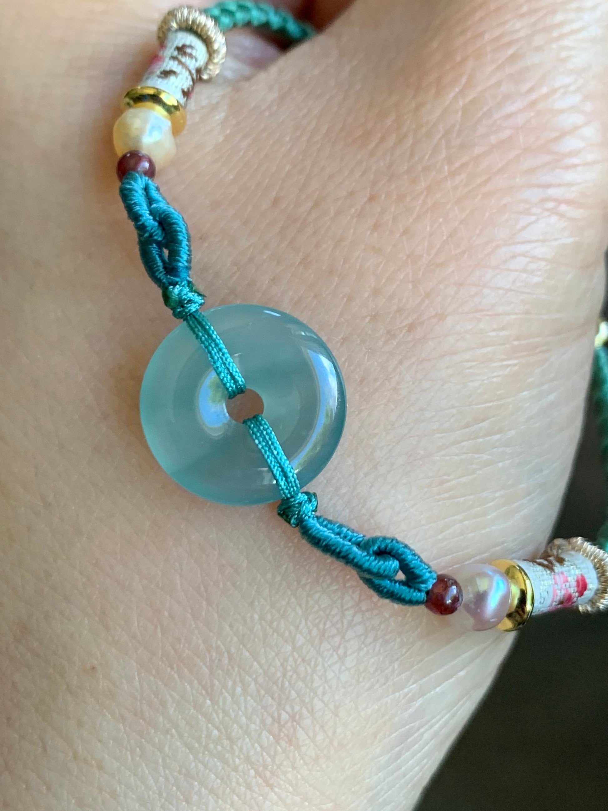 Natural Burmese Icy Highly Translucent Light Green Jadeite Ping An Kou Donut Bead Rope Bracelet Adjustable up to 8.5” 天然缅甸冰胶晴底翡翠平安扣手绳