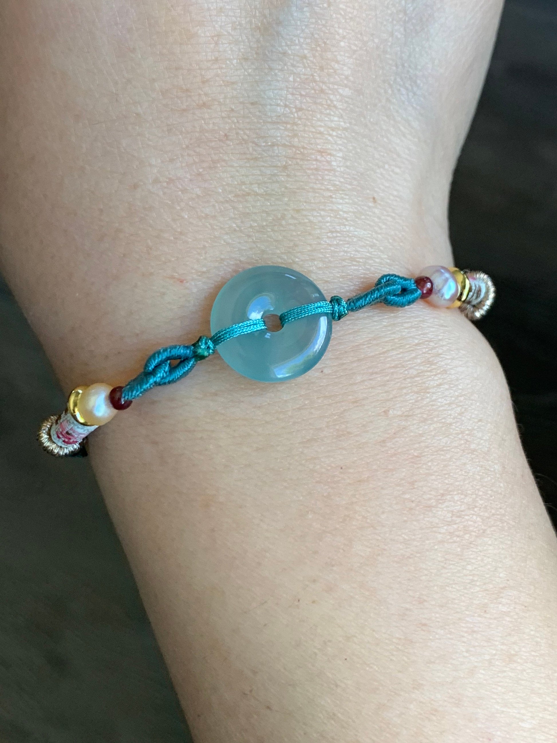 Natural Burmese Icy Highly Translucent Light Green Jadeite Ping An Kou Donut Bead Rope Bracelet Adjustable up to 8.5” 天然缅甸冰胶晴底翡翠平安扣手绳