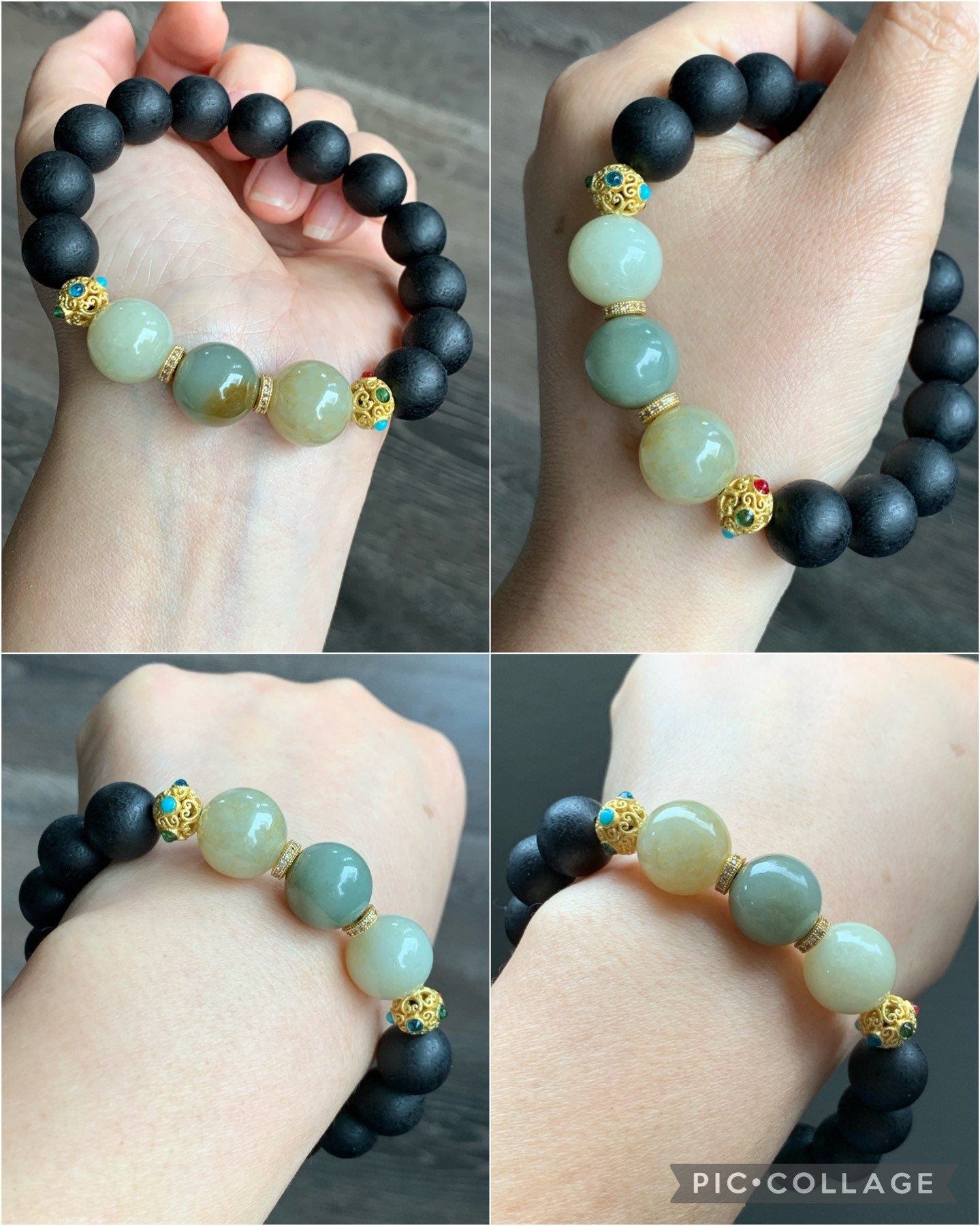 Large Natural Burmese Icy Translucent Jadeite and Natural Black Agarwood Beaded Bracelet 7.75" 天然缅甸糯冰翡翠圆珠土沉香木珠手串